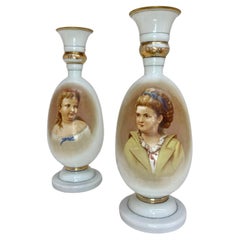 Lare Pair of 19th Century Antique Victorian Opaline Portrait Vases