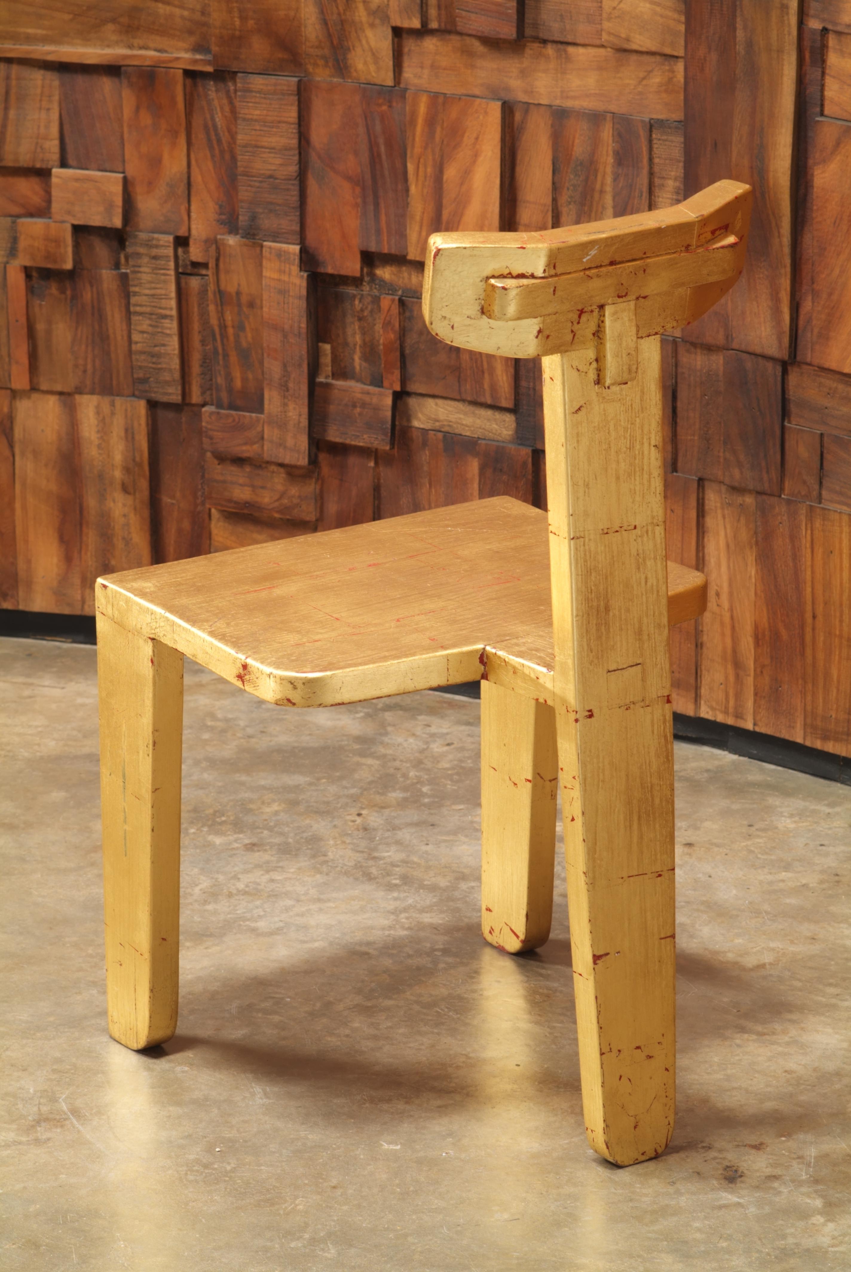 Mexican Laredo Gold Leaf Chair, 3-Legged Contemporary Design w/Traditional Joinery For Sale