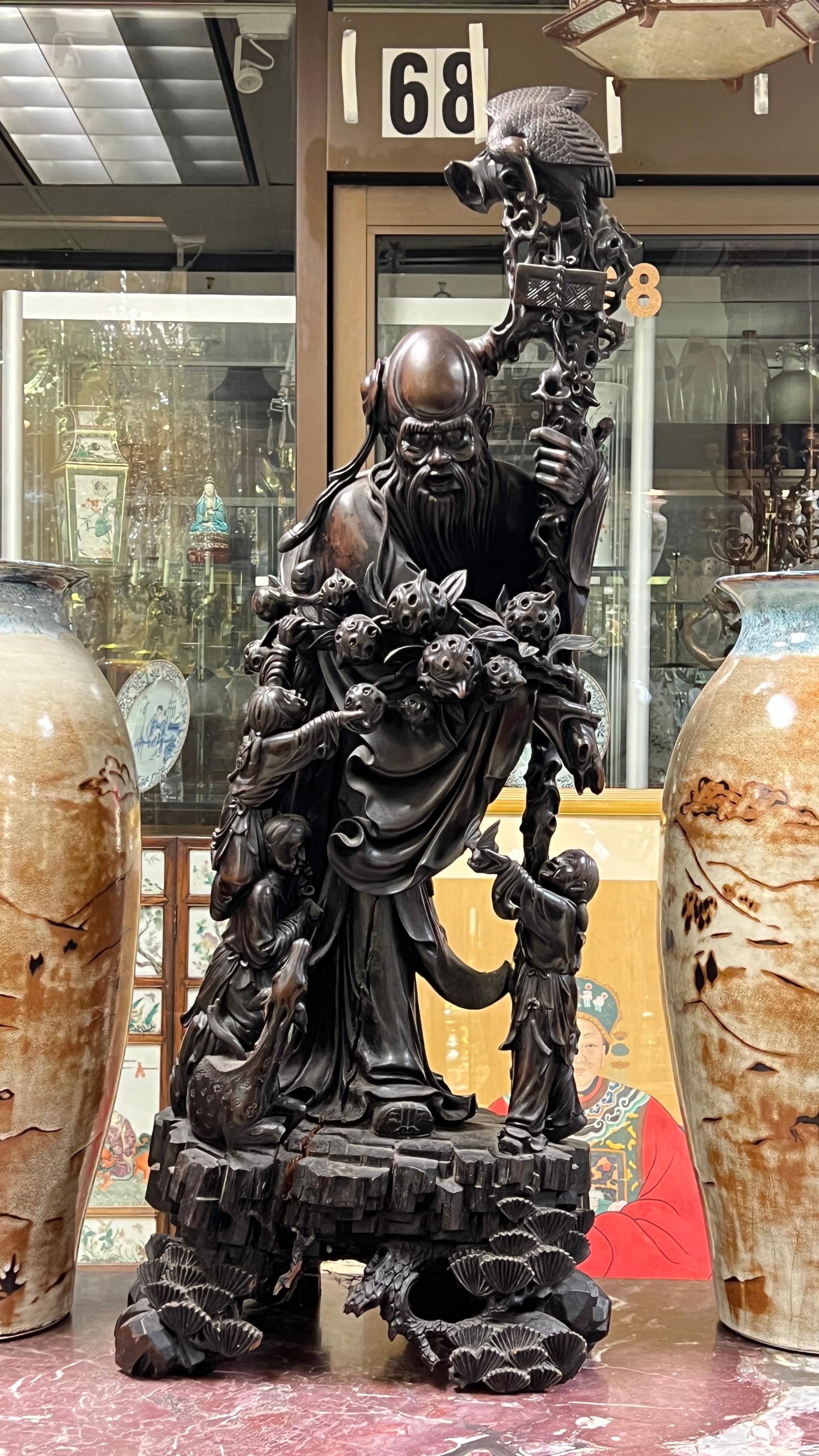 Larg Chinese Daoist God of Longevity Wooden Statue Depicting Shou Lao (Shou Xing 12