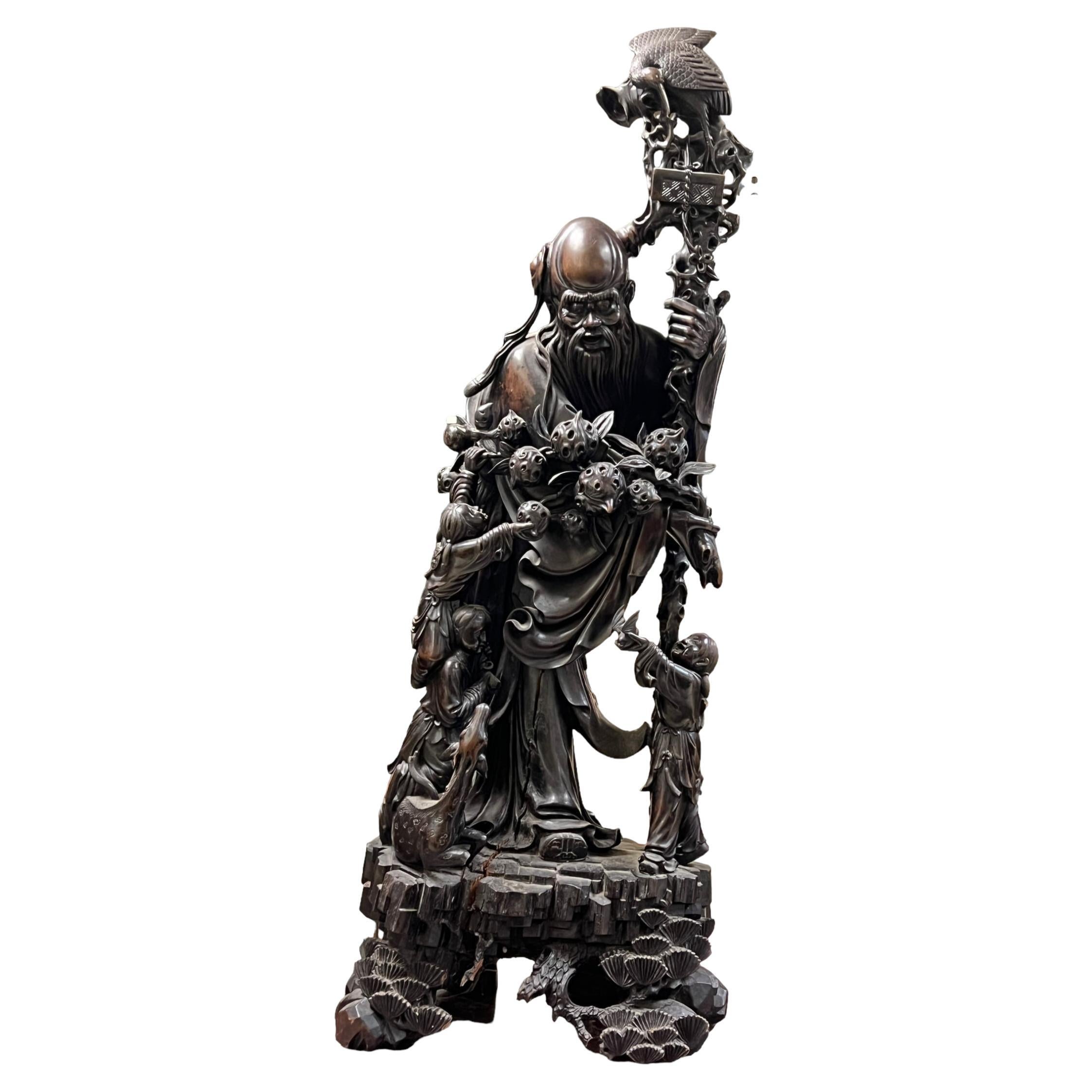 Larg Chinese Daoist God of Longevity Wooden Statue Depicting Shou Lao (Shou Xing For Sale