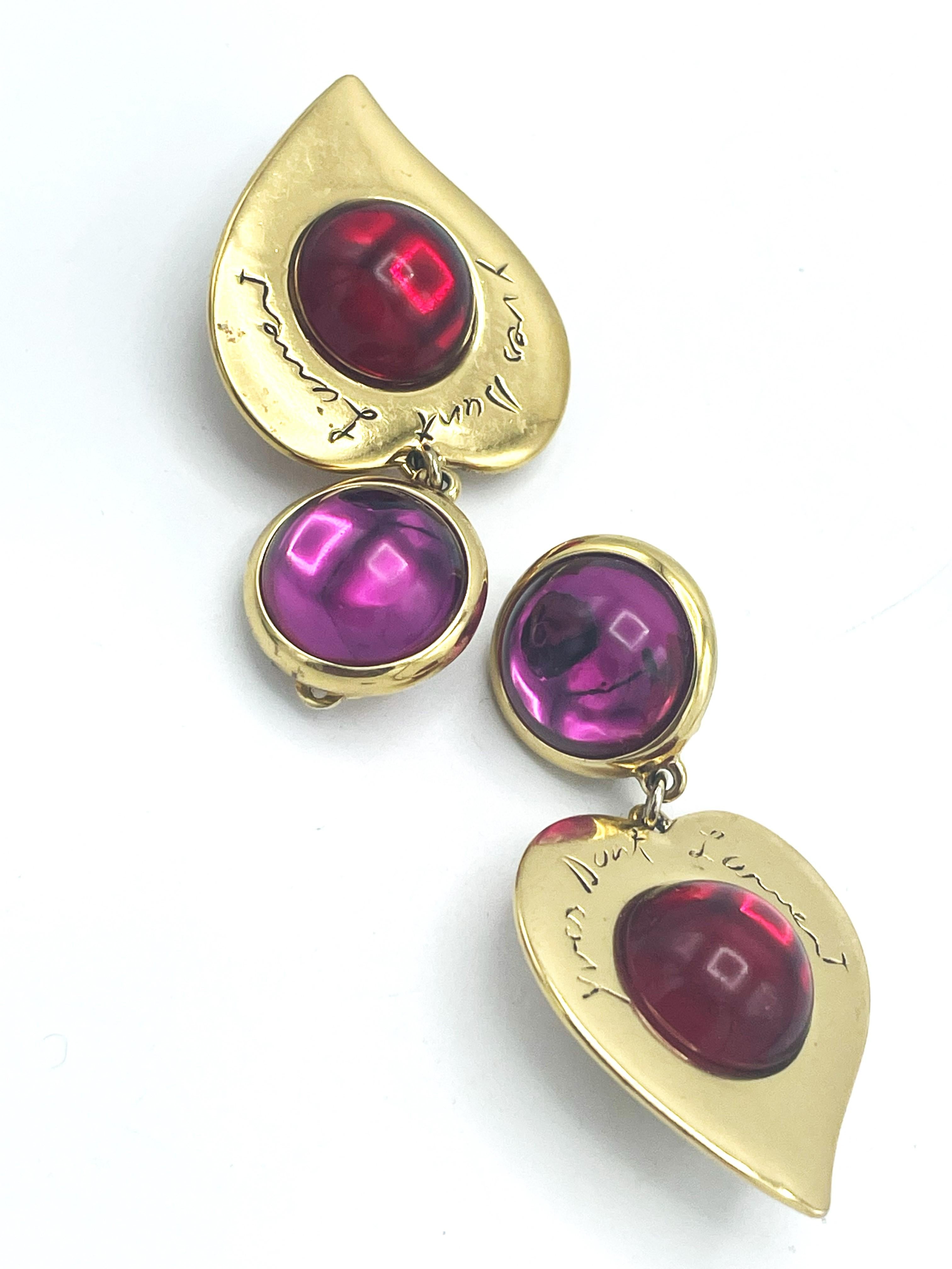 Larg gilt colored clip-on earring, red and pink, Yves St. Laurent, Paris 1980's  For Sale 4