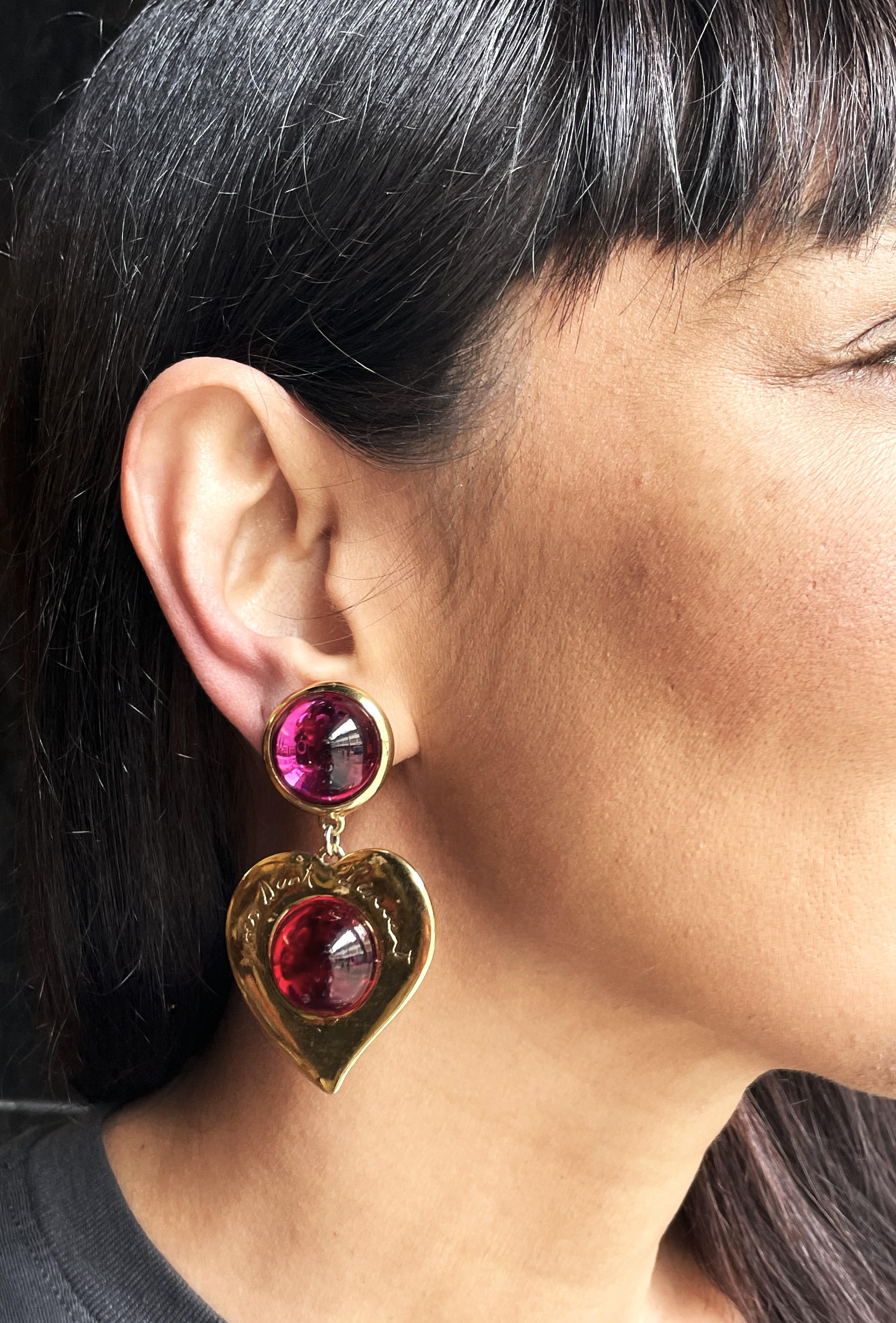 Larg gilt colored clip-on earring, red and pink, Yves St. Laurent, Paris 1980's  For Sale 5
