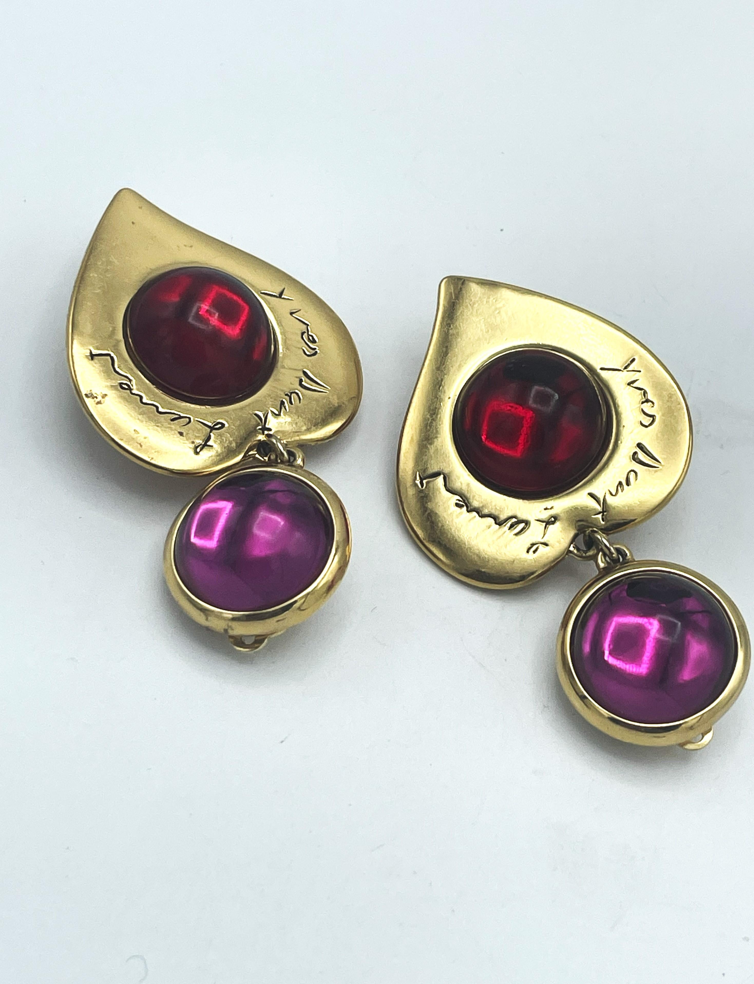 Rough Cut Larg gilt colored clip-on earring, red and pink, Yves St. Laurent, Paris 1980's  For Sale