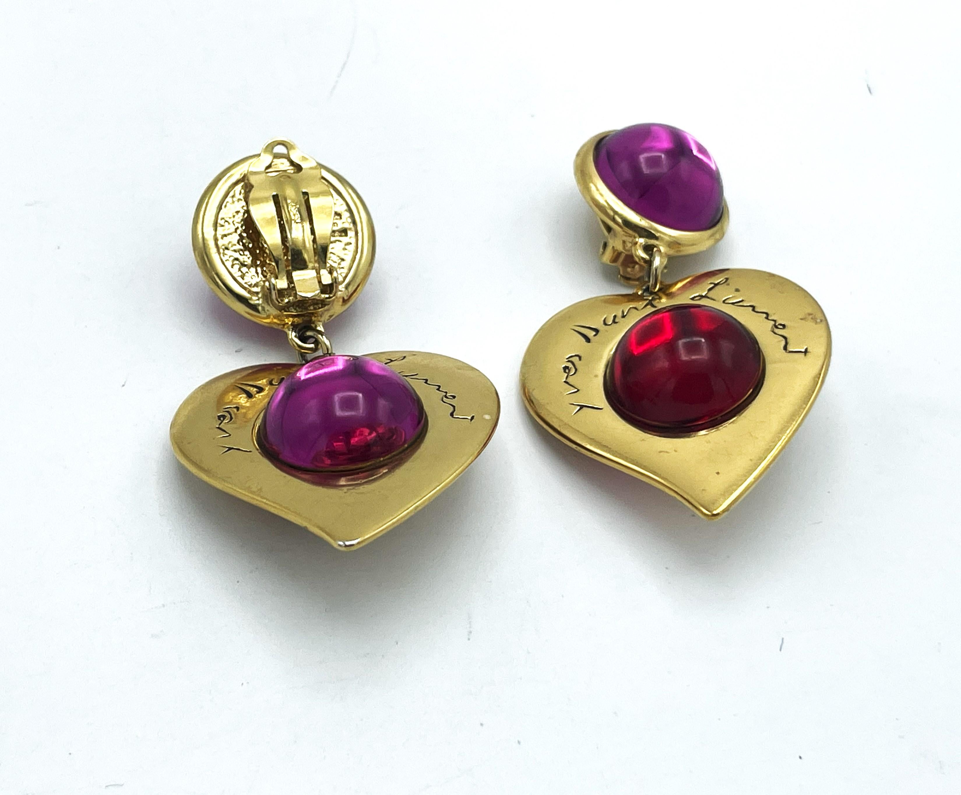 Women's or Men's Larg gilt colored clip-on earring, red and pink, Yves St. Laurent, Paris 1980's  For Sale