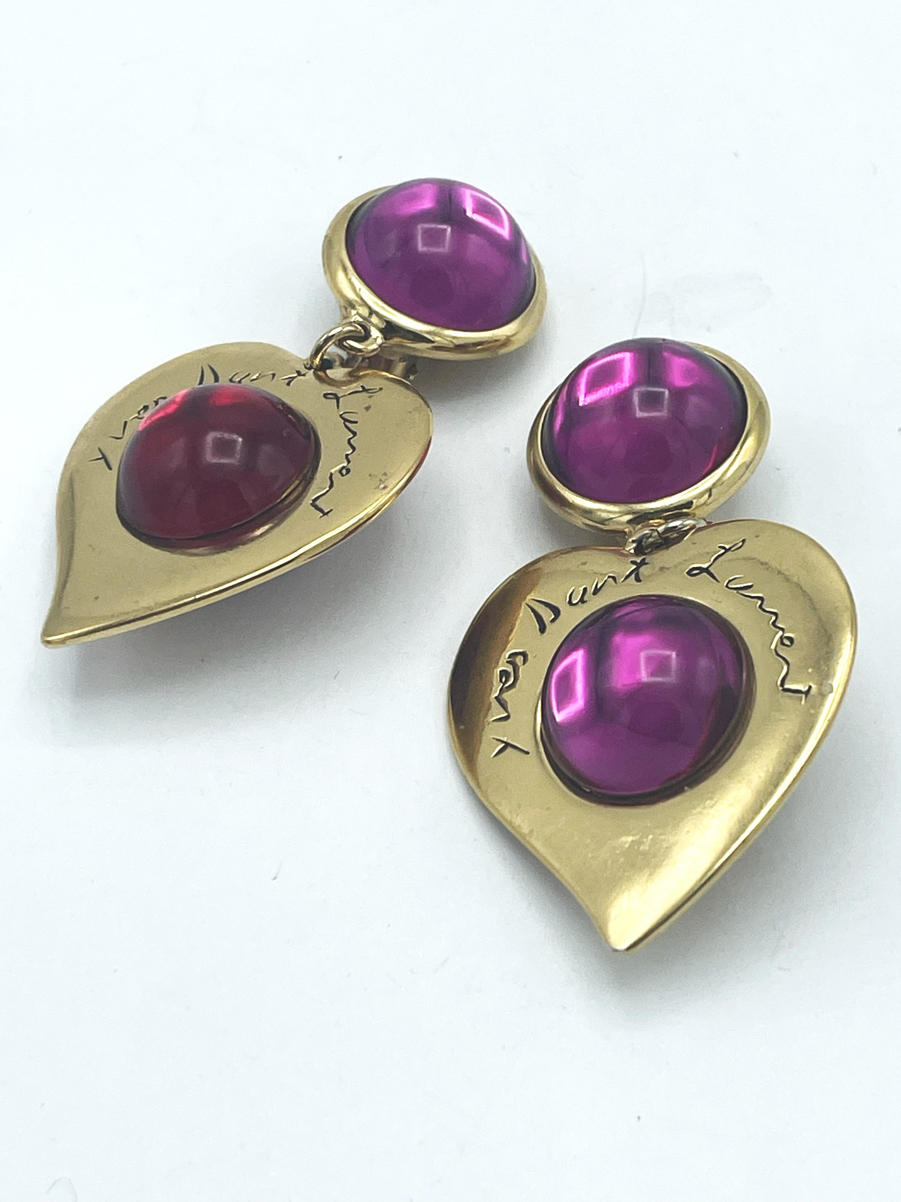 Larg gilt colored clip-on earring, red and pink, Yves St. Laurent, Paris 1980's  For Sale 2