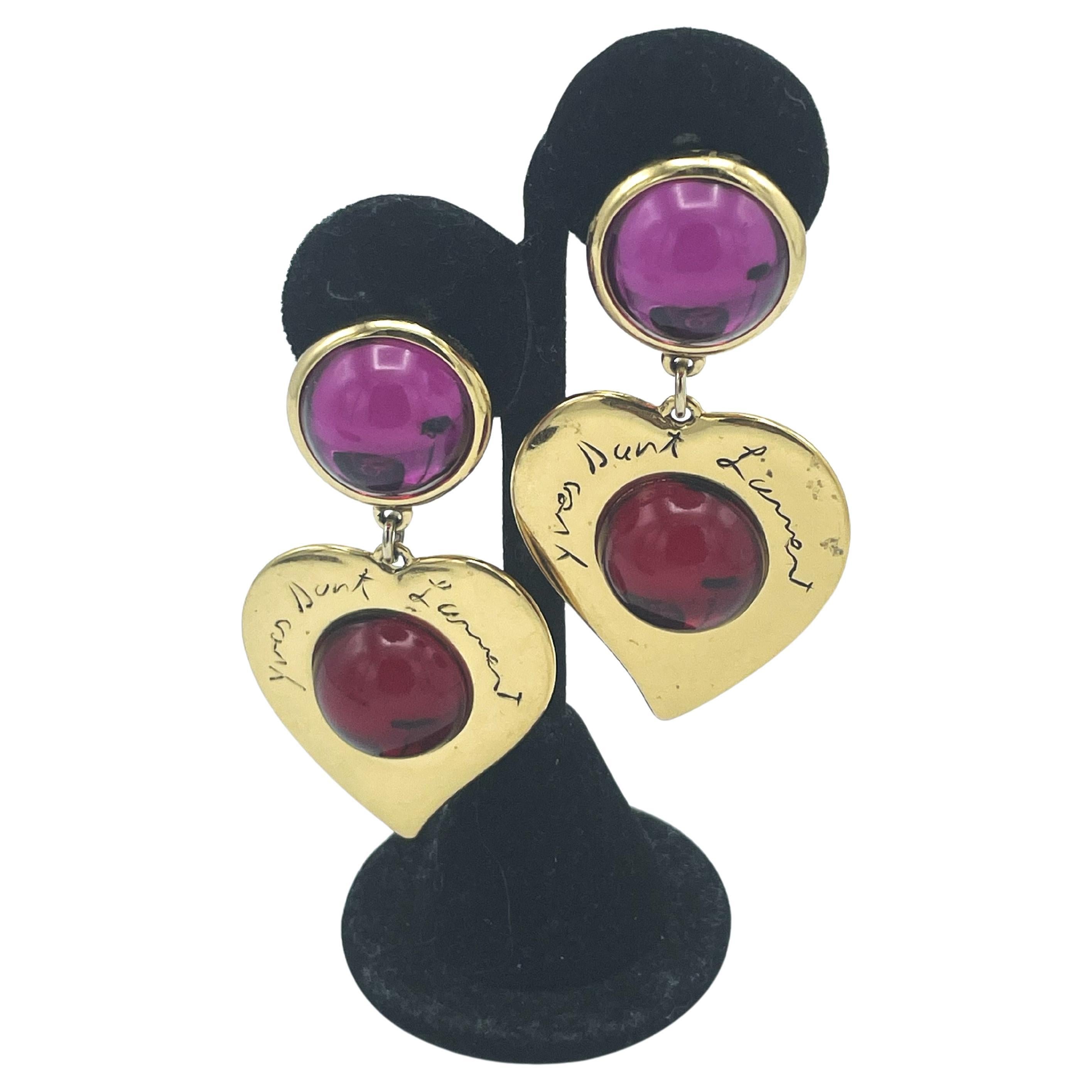Larg gilt colored clip-on earring, red and pink, Yves St. Laurent, Paris 1980's  For Sale
