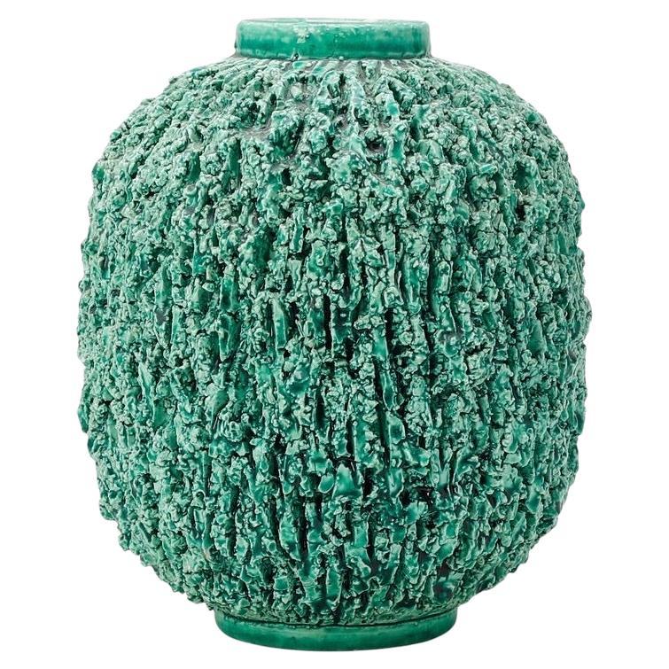 Larg Green Art Deco Chamotte Vase 'Hedgehog' by Gunnar Nylund. Rorstrand, 1930s