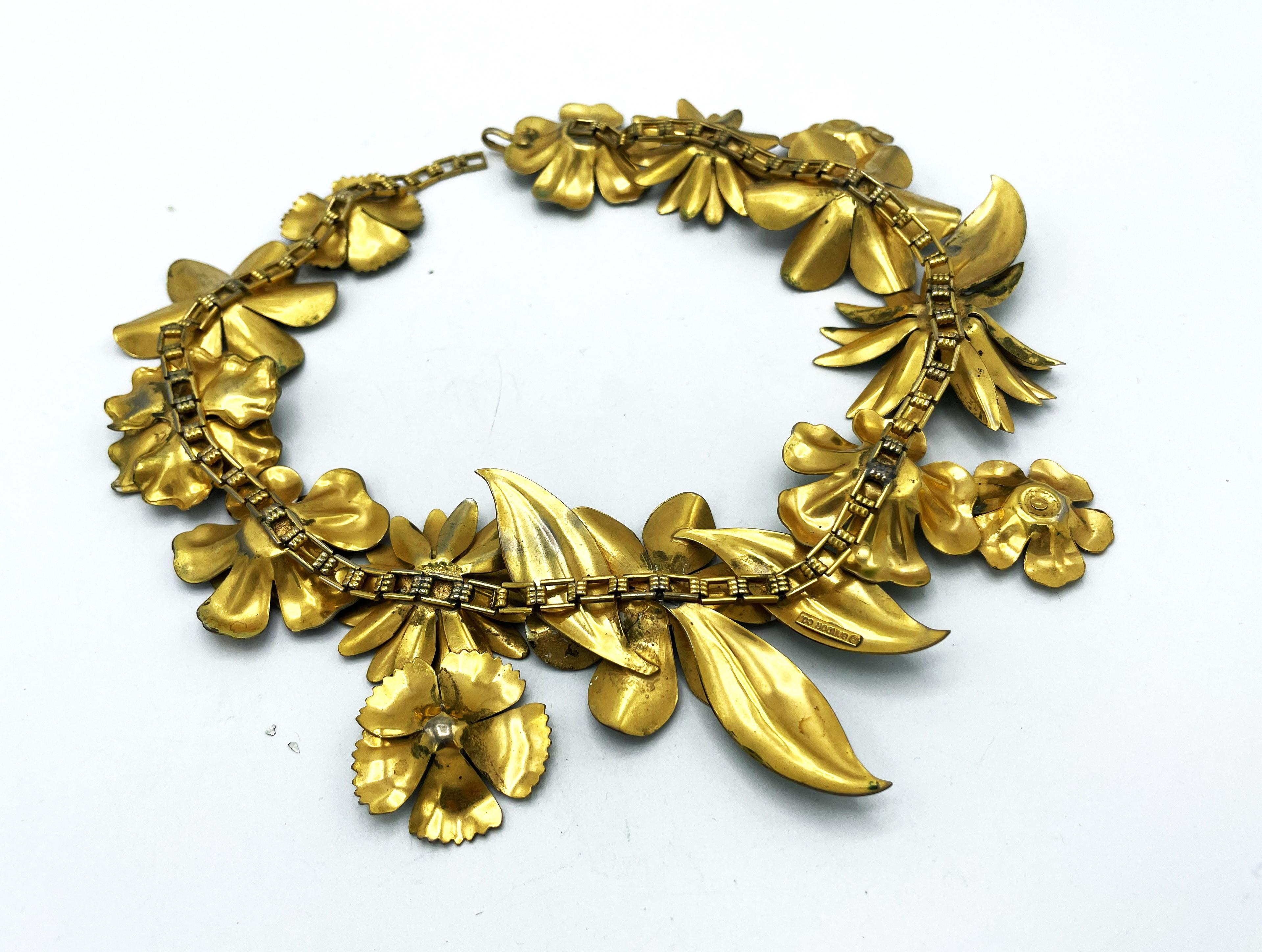 Larg hand enamelled metal floral motif necklace and earclips by SANDOR 1950's US For Sale 5