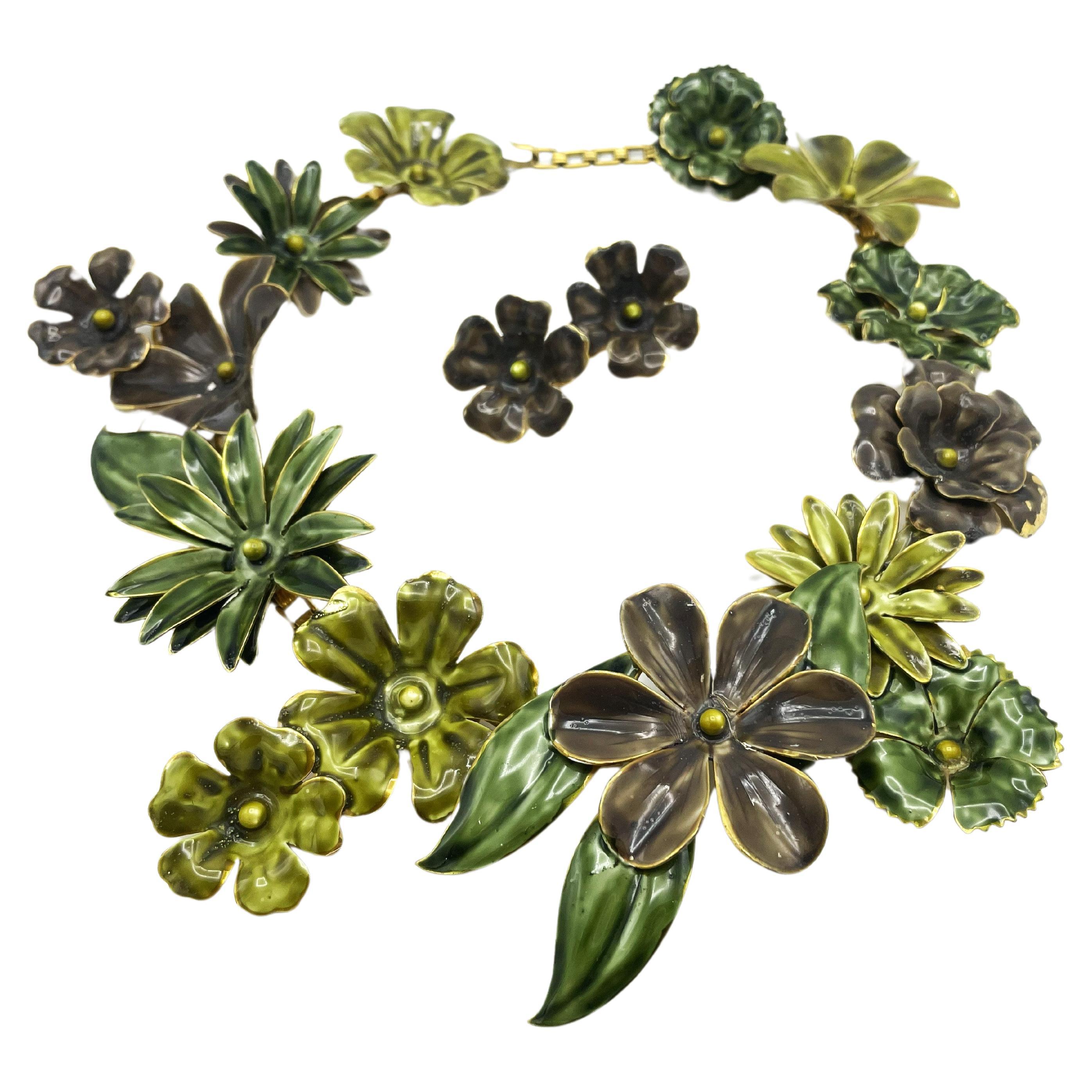 Larg hand enamelled metal floral motif necklace and earclips by SANDOR 1950's US For Sale