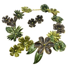 Vintage Larg hand enamelled metal floral motif necklace and earclips by SANDOR 1950's US