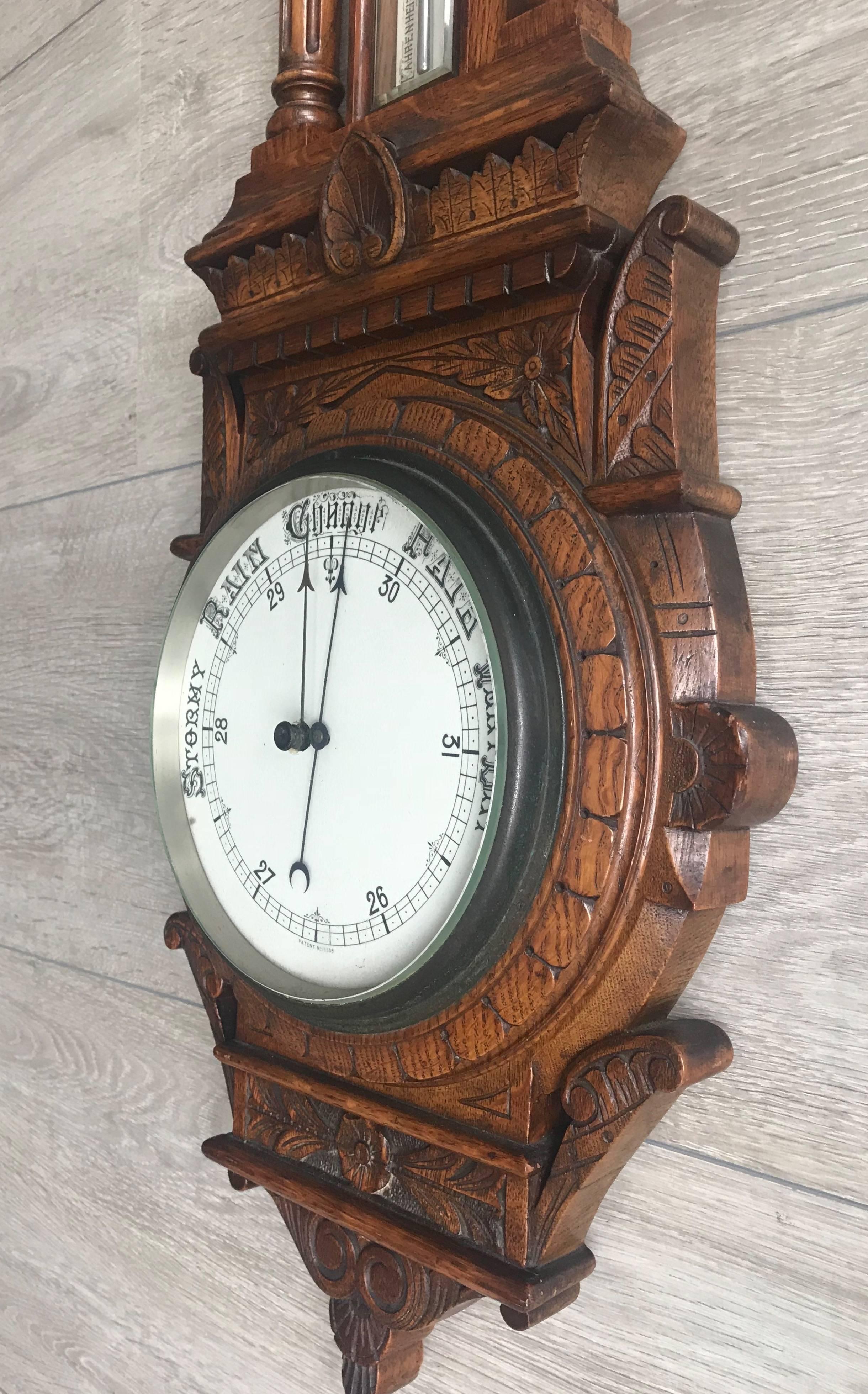Large and Mint Condition Antique English Carved Oak and Porcelain Wall Barometer 3