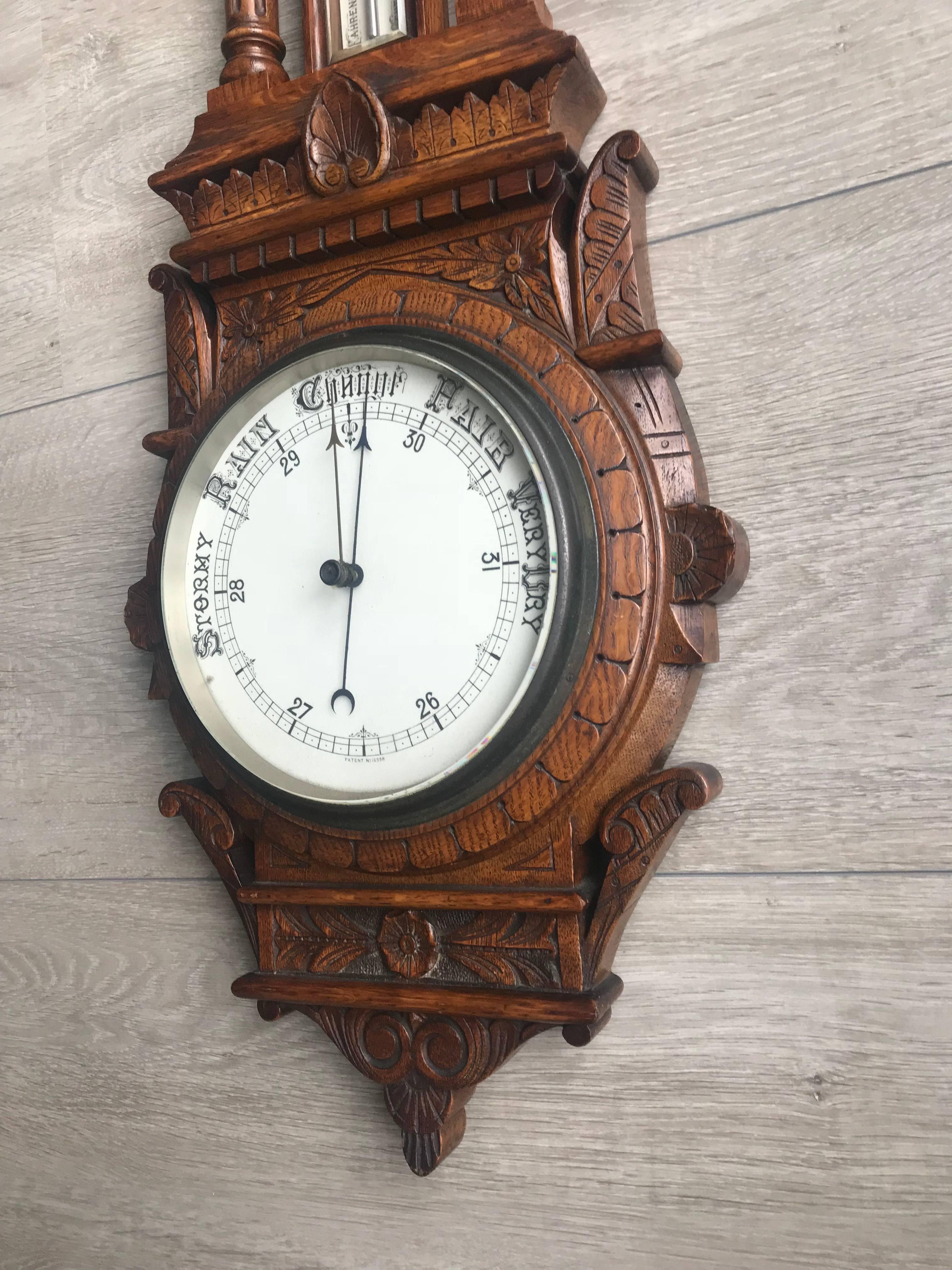 Large and Mint Condition Antique English Carved Oak and Porcelain Wall Barometer 8