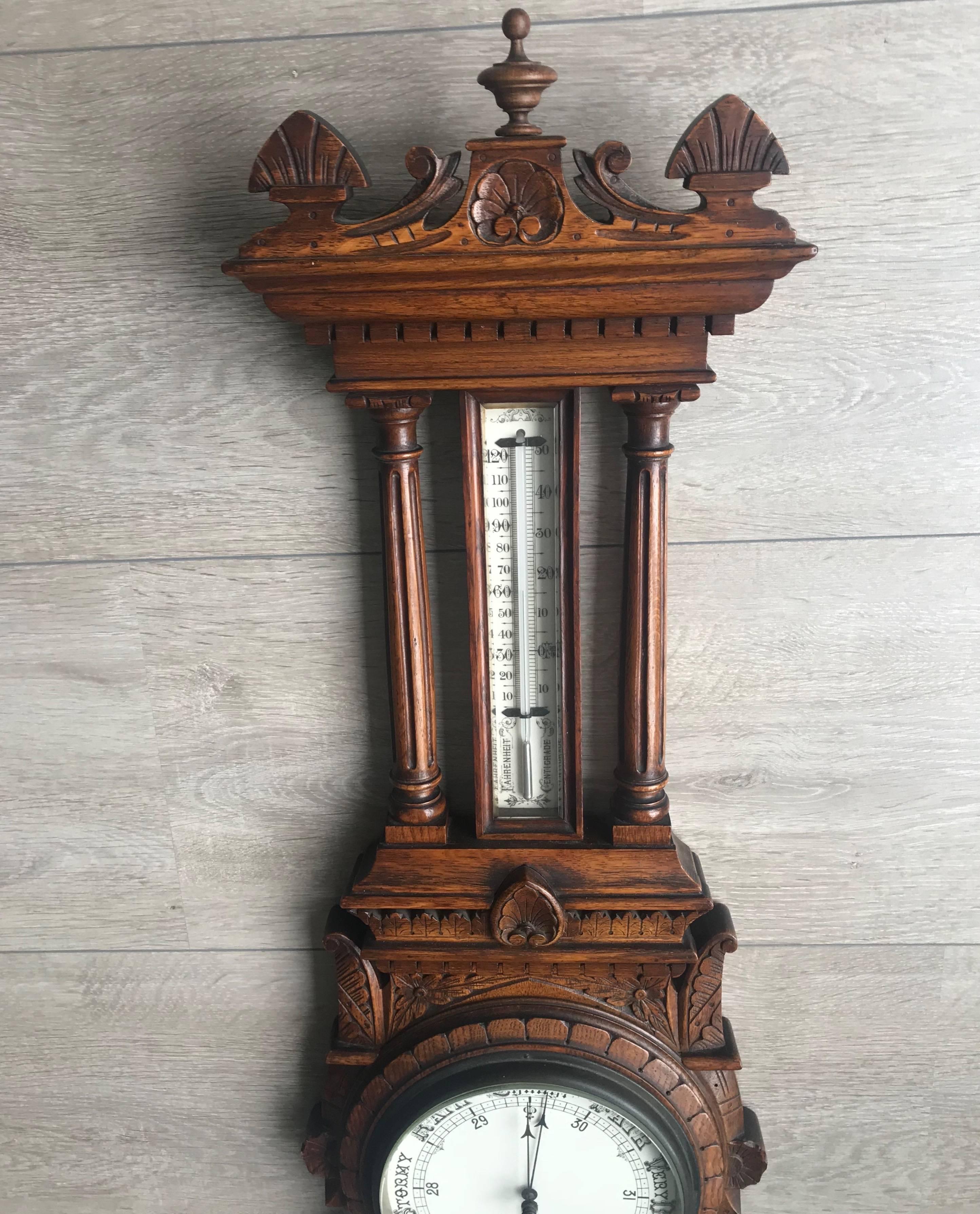 Arts and Crafts Large and Mint Condition Antique English Carved Oak and Porcelain Wall Barometer