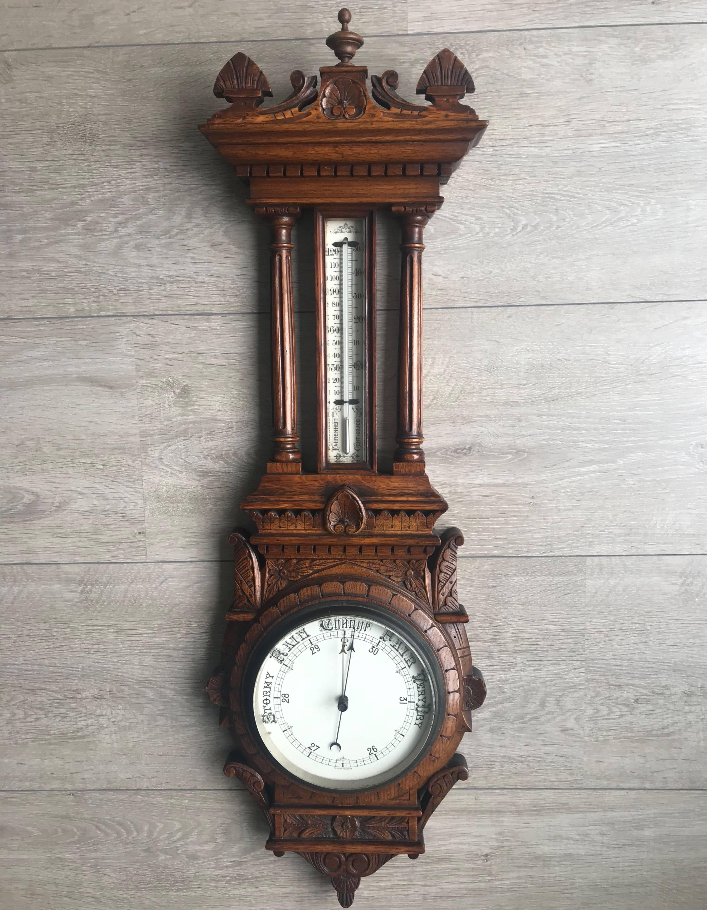 Hand-Carved Large and Mint Condition Antique English Carved Oak and Porcelain Wall Barometer