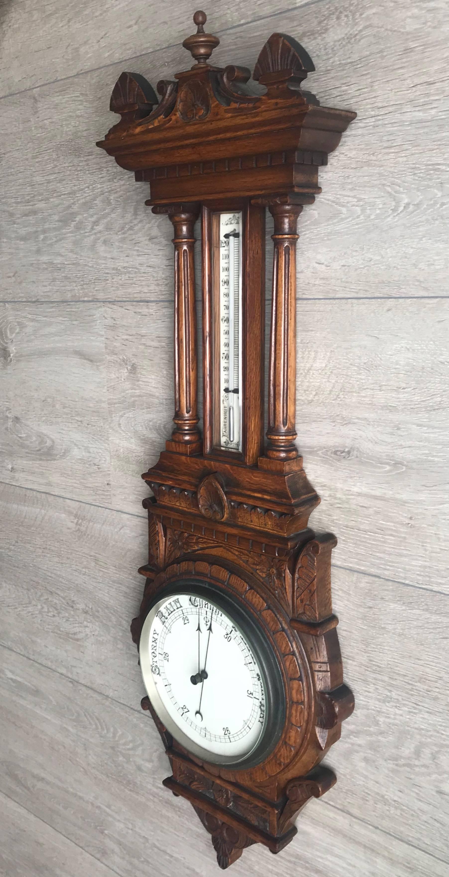 Large and Mint Condition Antique English Carved Oak and Porcelain Wall Barometer 2
