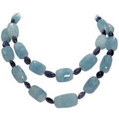 Large 1, 000 carats Aquamarine and Kyanite Double Separable Gold Clasp Necklaces
