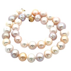 Large 10-14mm Multi Color Pearl Strand Necklace 14k Yellow Gold Grooved Clasp