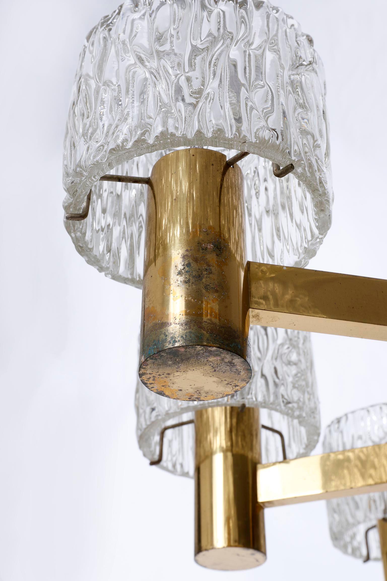 Large 10-Arm Chandelier by J.T. Kalmar, Brass and Textured Pressed Glass, 1960s For Sale 3