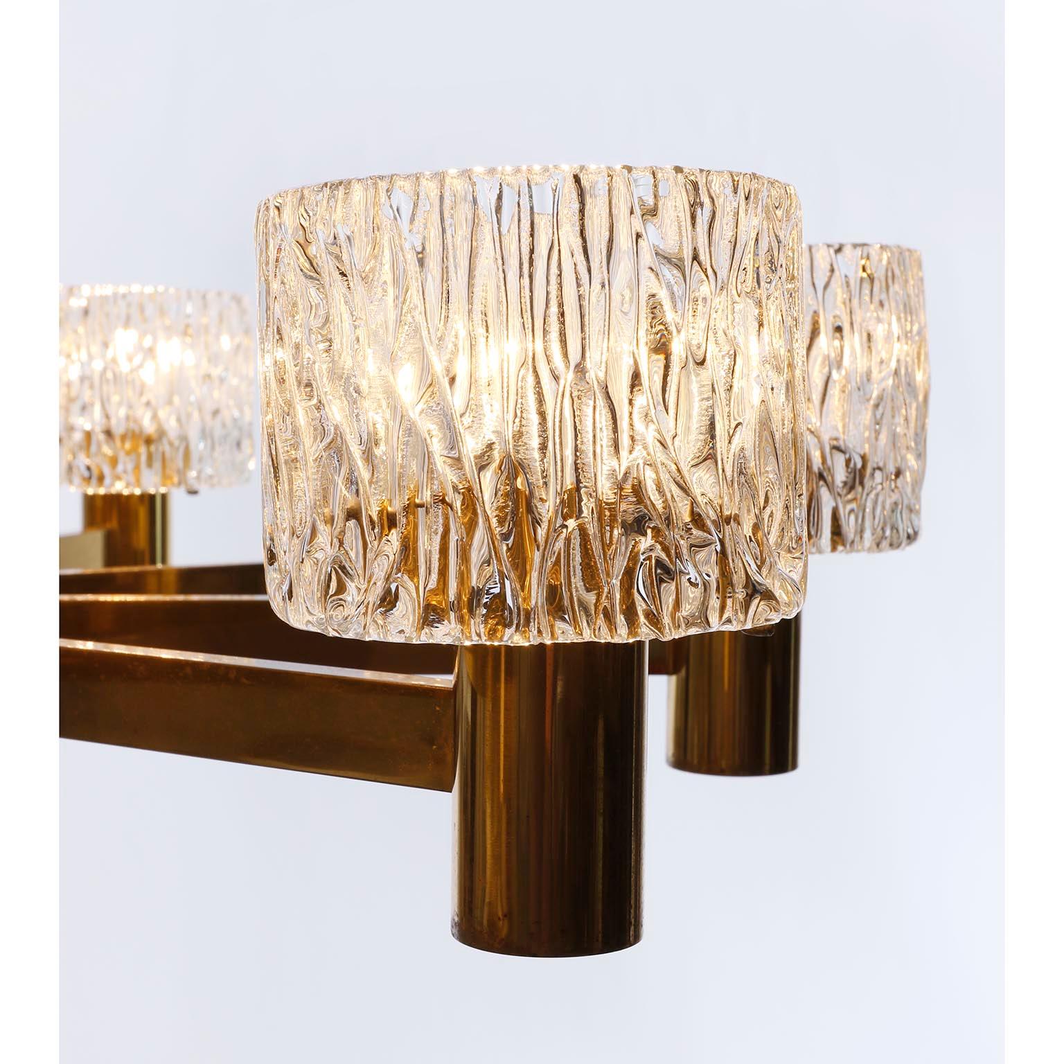 Large 10-Arm Chandelier by J.T. Kalmar, Brass and Textured Pressed Glass, 1960s For Sale 4