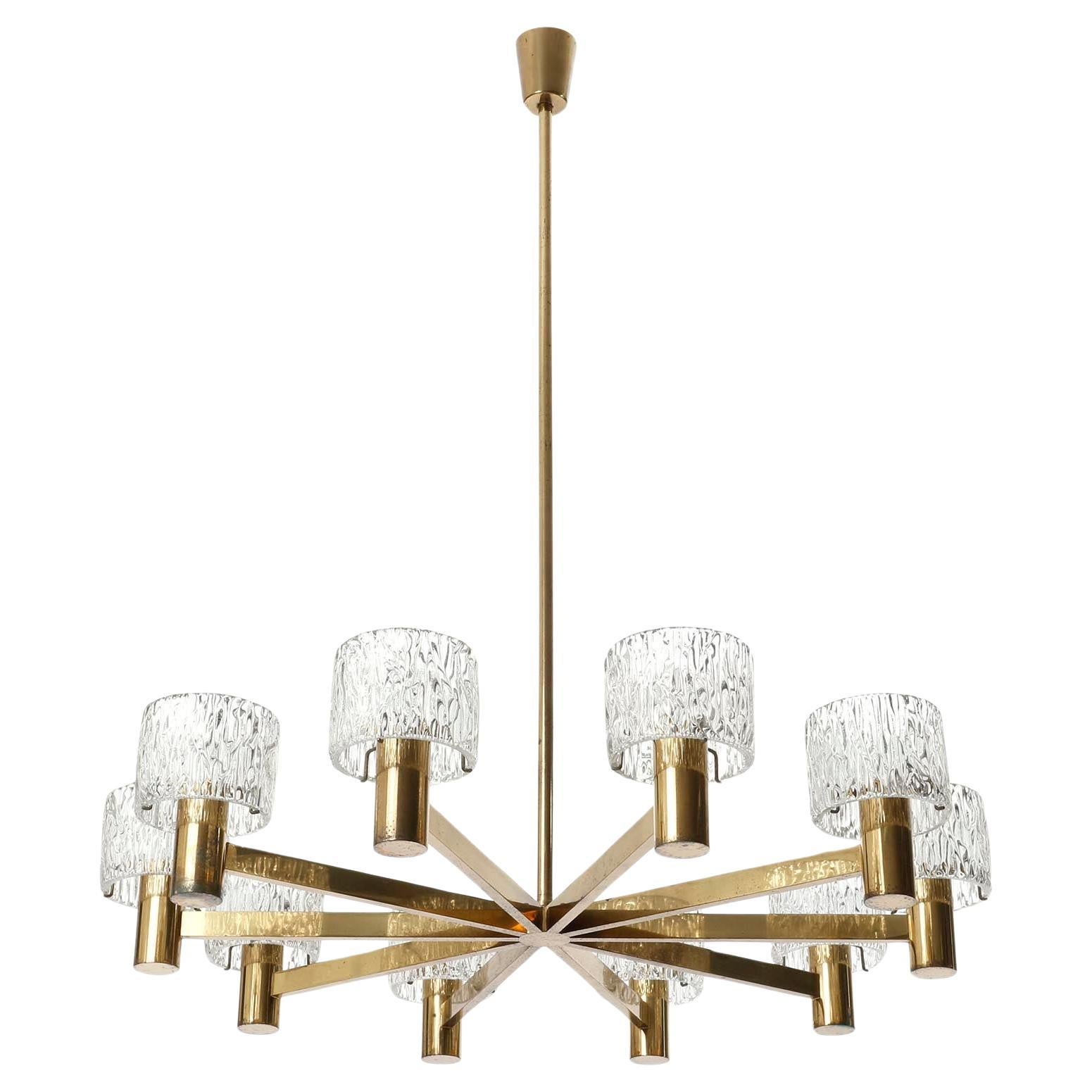 Mid-Century Modern Large 10-Arm Chandelier by J.T. Kalmar, Brass and Textured Pressed Glass, 1960s For Sale