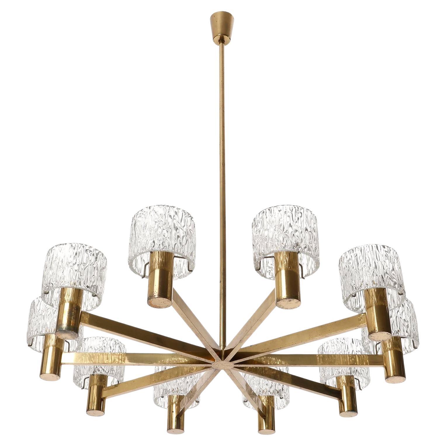 Austrian Large 10-Arm Chandelier by J.T. Kalmar, Brass and Textured Pressed Glass, 1960s For Sale