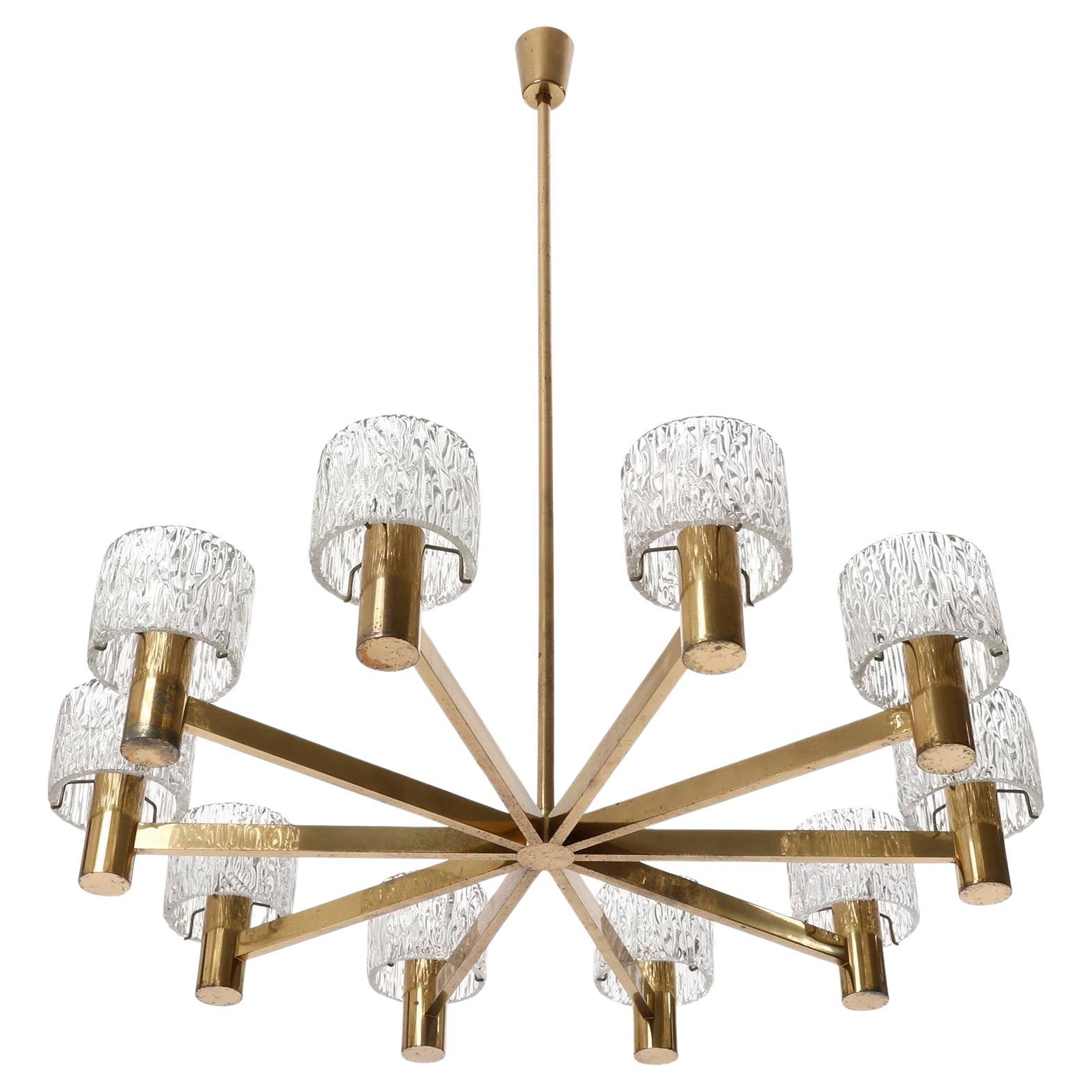 Patinated Large 10-Arm Chandelier by J.T. Kalmar, Brass and Textured Pressed Glass, 1960s For Sale