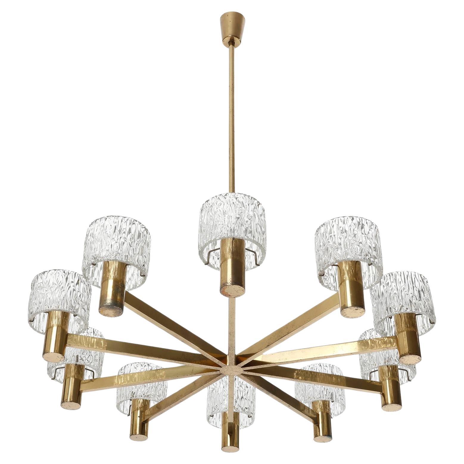 Large 10-Arm Chandelier by J.T. Kalmar, Brass and Textured Pressed Glass, 1960s In Good Condition For Sale In Hausmannstätten, AT