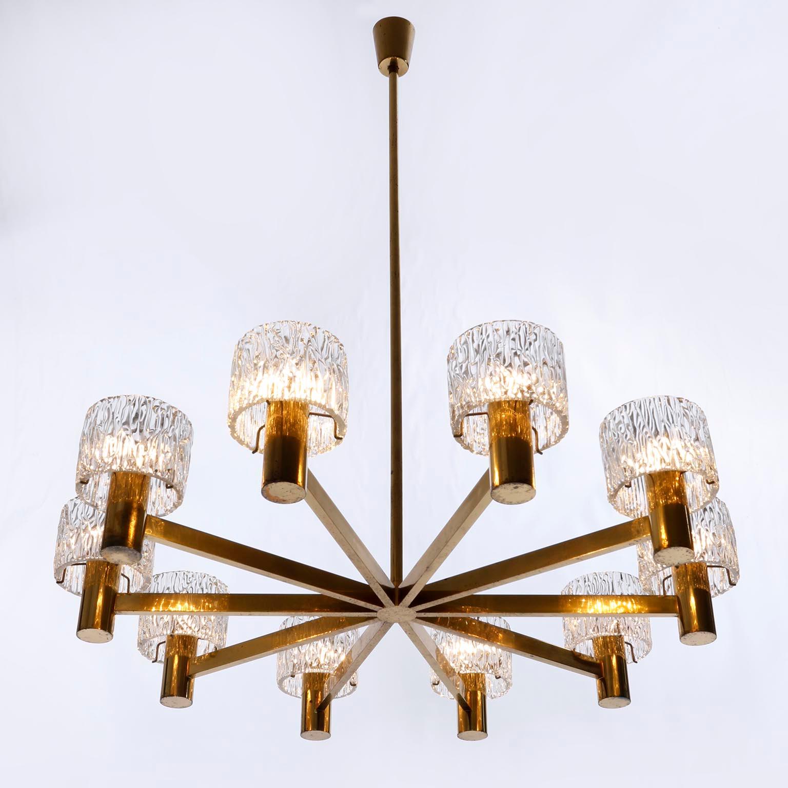 Mid-20th Century Large 10-Arm Chandelier by J.T. Kalmar, Brass and Textured Pressed Glass, 1960s For Sale