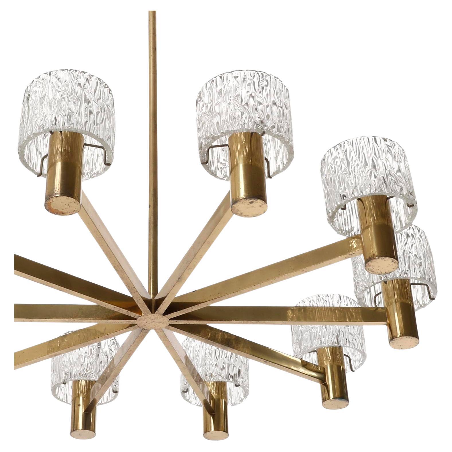 Large 10-Arm Chandelier by J.T. Kalmar, Brass and Textured Pressed Glass, 1960s For Sale 1