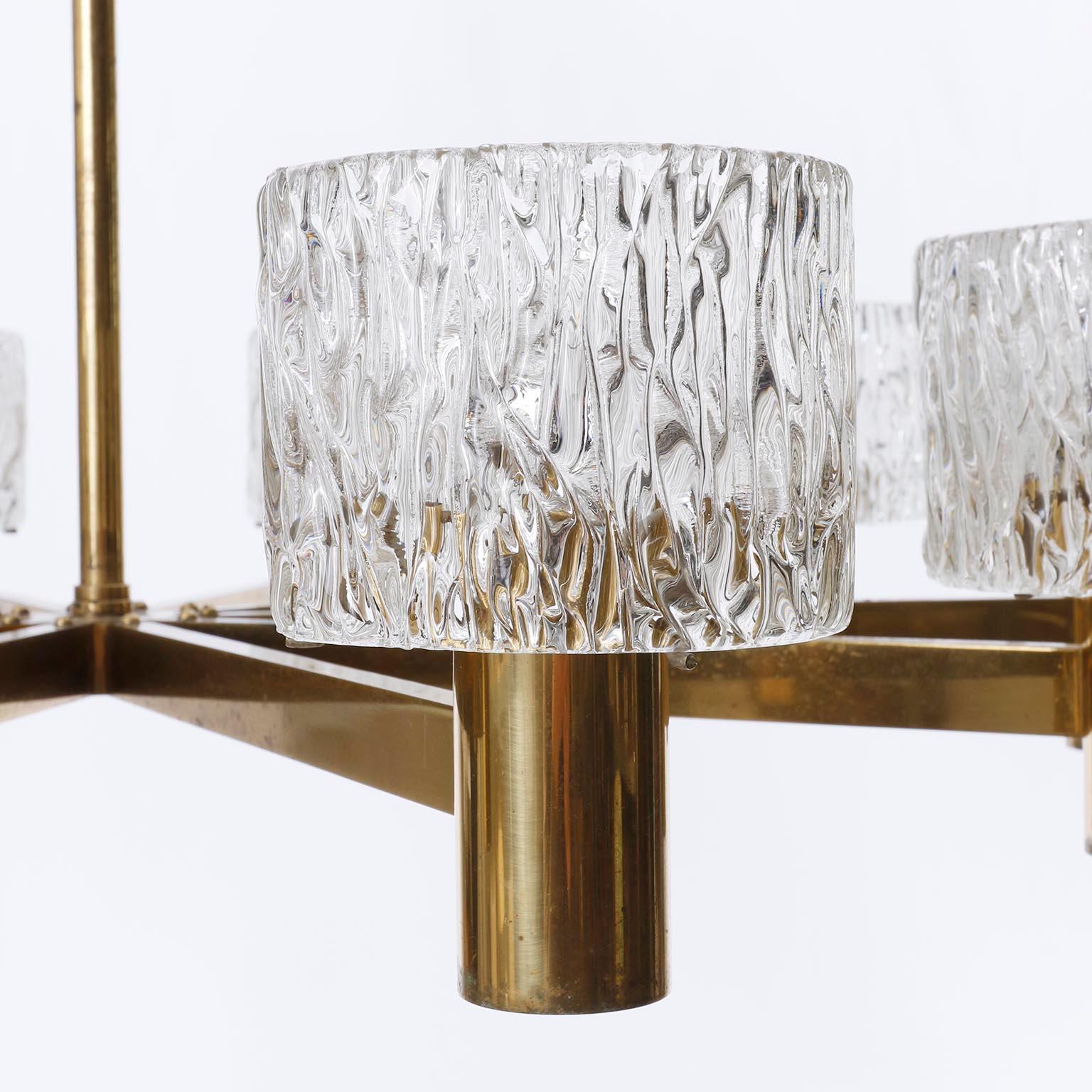 Large 10-Arm Chandelier by J.T. Kalmar, Brass and Textured Pressed Glass, 1960s For Sale 2