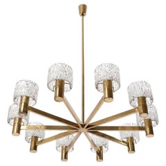 Large 10-Arm Chandelier by J.T. Kalmar, Brass and Textured Pressed Glass, 1960s