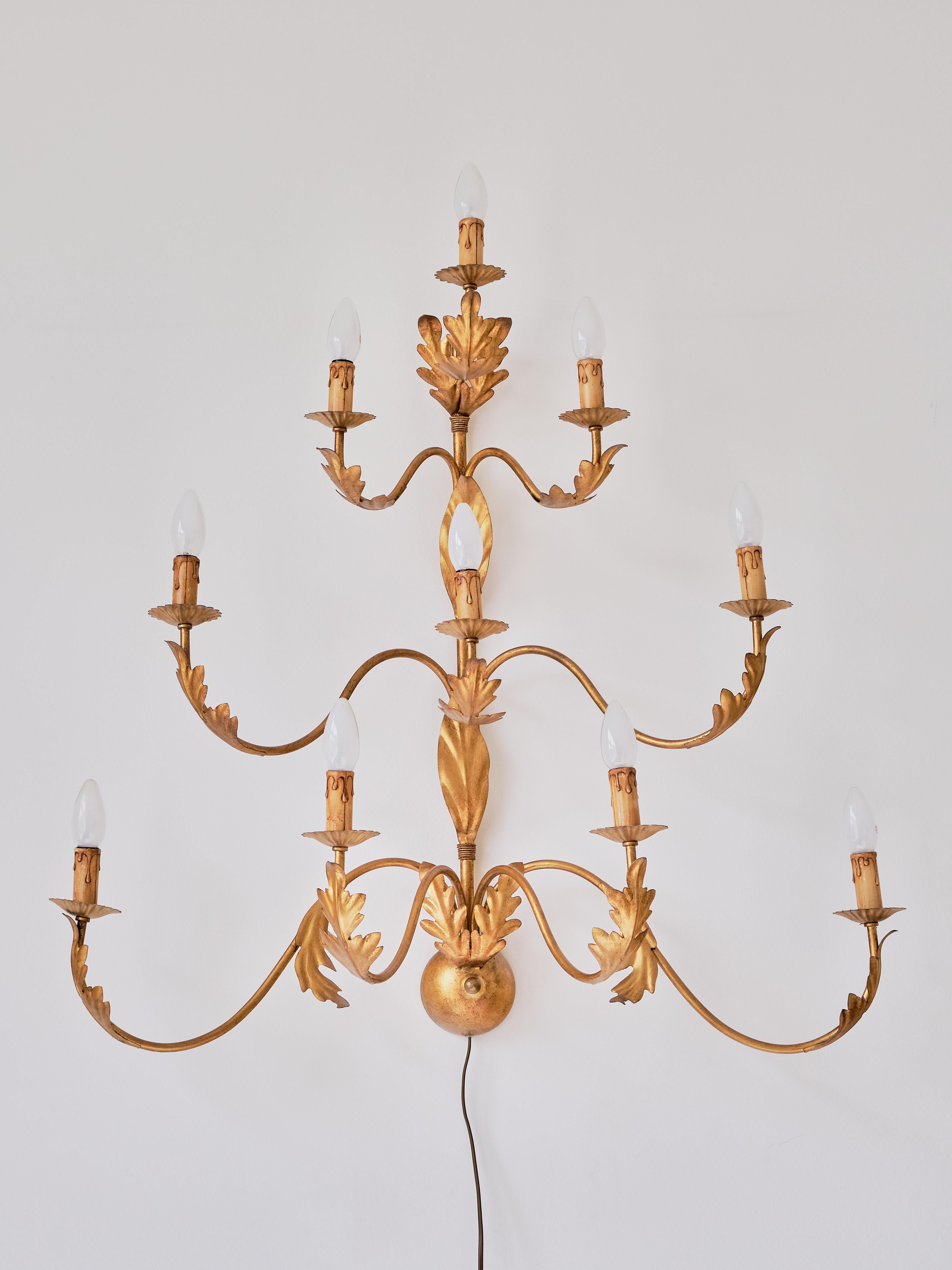 Large 10 Arm Gilded Wall Light by Banci Firenze, Italy, 1960s For Sale 6