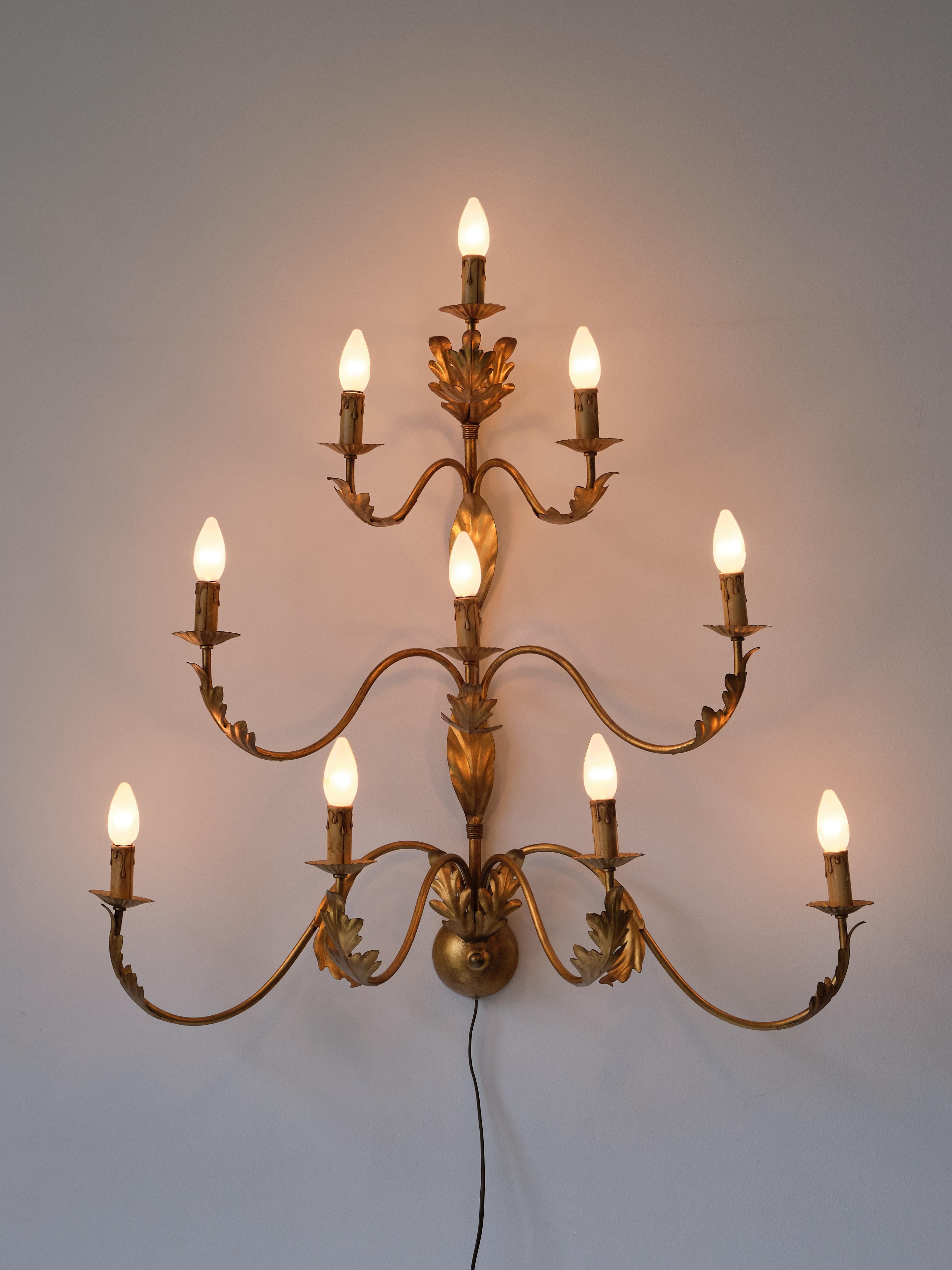 Italian Large 10 Arm Gilded Wall Light by Banci Firenze, Italy, 1960s For Sale