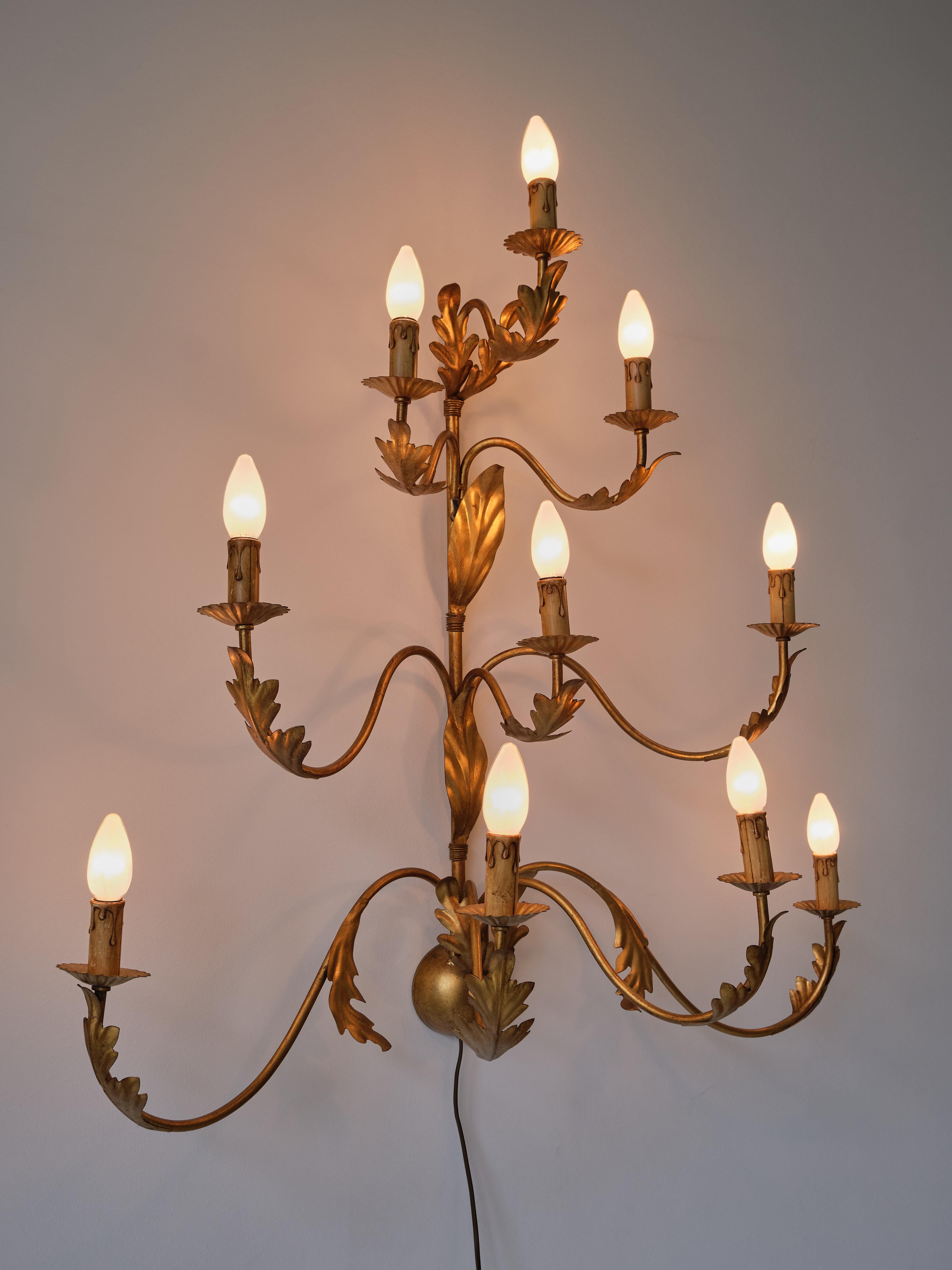 Mid-20th Century Large 10 Arm Gilded Wall Light by Banci Firenze, Italy, 1960s For Sale