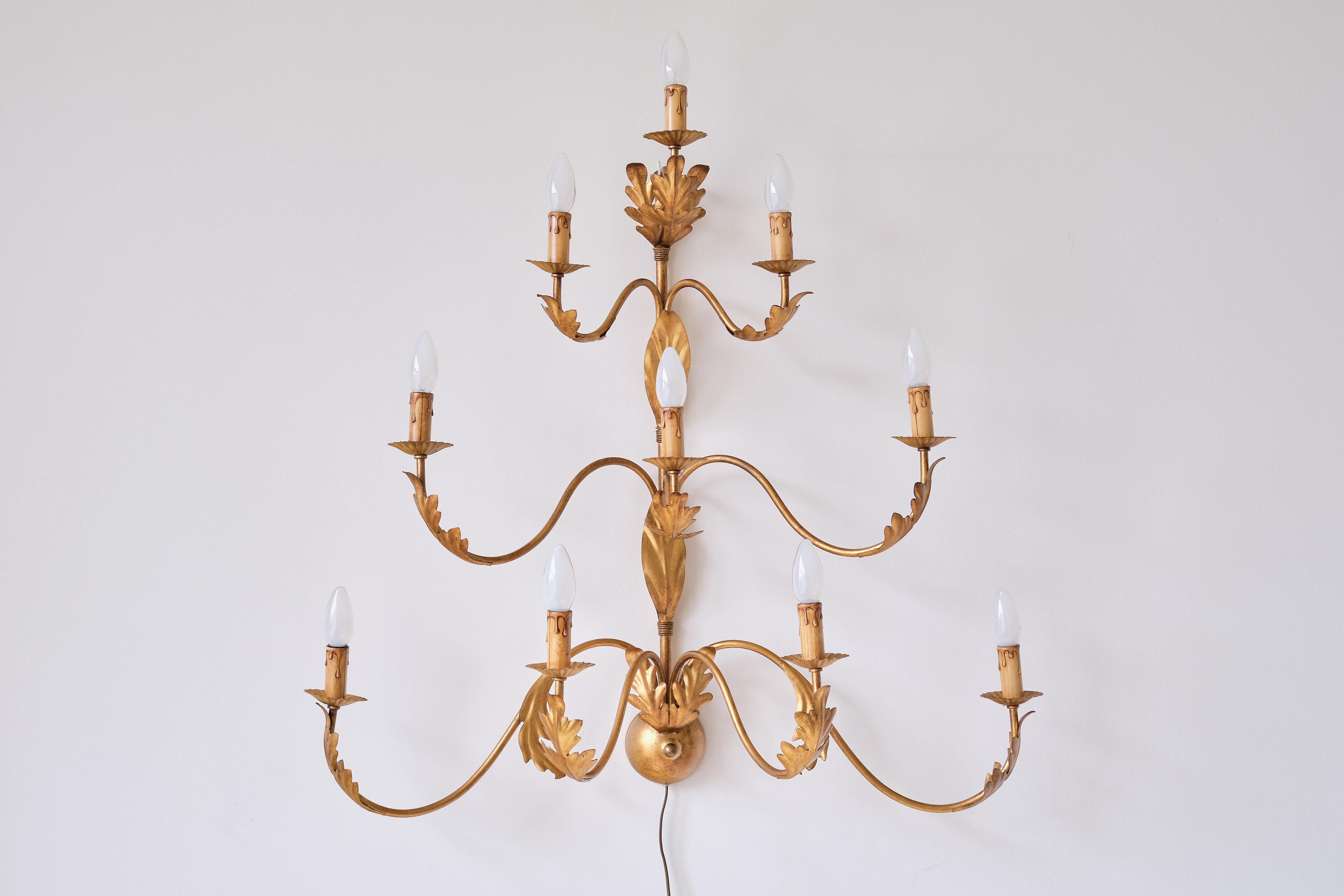 Wrought Iron Large 10 Arm Gilded Wall Light by Banci Firenze, Italy, 1960s For Sale
