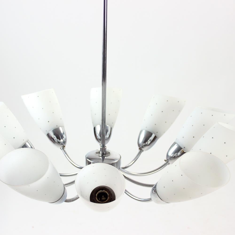 Large 10 Arm Midcentury Ceiling Chandelier In Chrome & Glass, Czechoslovakia For Sale 6