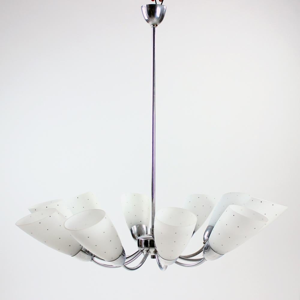 Large 10 Arm Midcentury Ceiling Chandelier In Chrome & Glass, Czechoslovakia For Sale 7