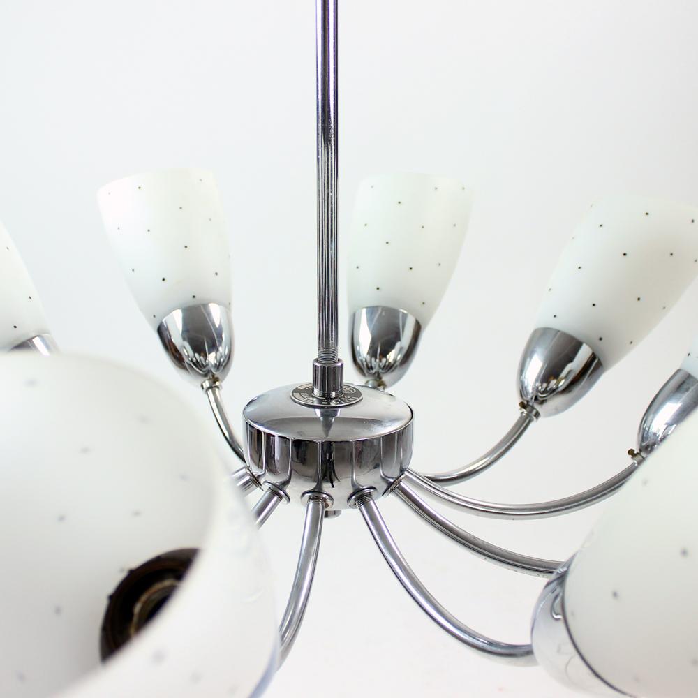 Large 10 Arm Midcentury Ceiling Chandelier In Chrome & Glass, Czechoslovakia For Sale 1