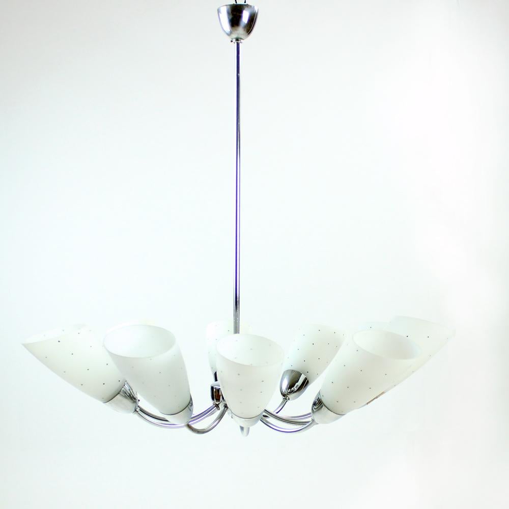 Large 10 Arm Midcentury Ceiling Chandelier In Chrome & Glass, Czechoslovakia For Sale 3