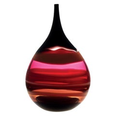 Large 10 Banded Scarlet Red Flat Teardrop Vase, Hand Blown Glass - Available Now