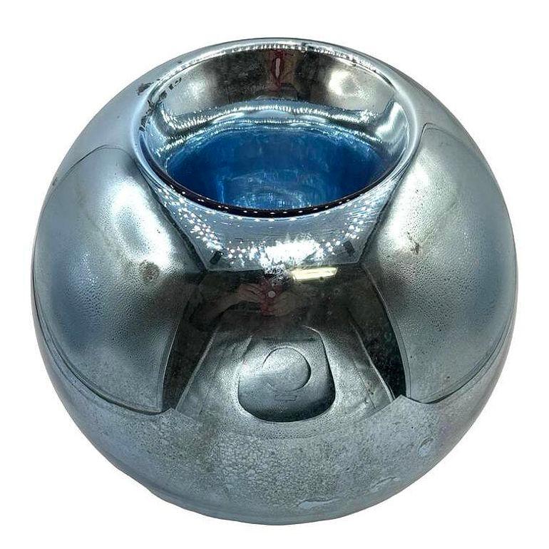 Art Déco Grande vaso a sfera rotondo in vetro mercurio blu cobalto cecoslovacco da 10