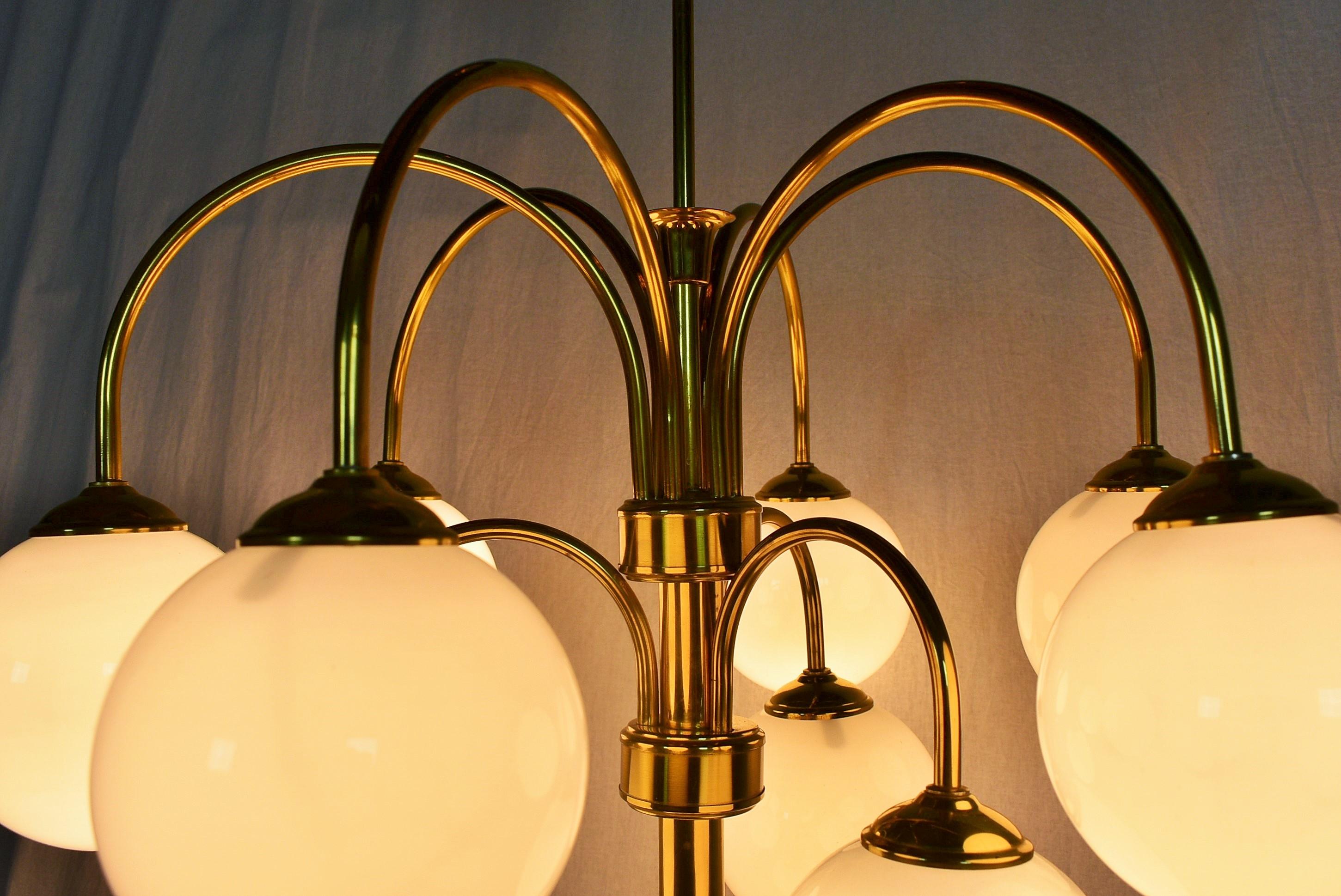 Mid-Century Modern Large 10 Flamming Brass Chandelier by Kamenicky Senov, 1970s