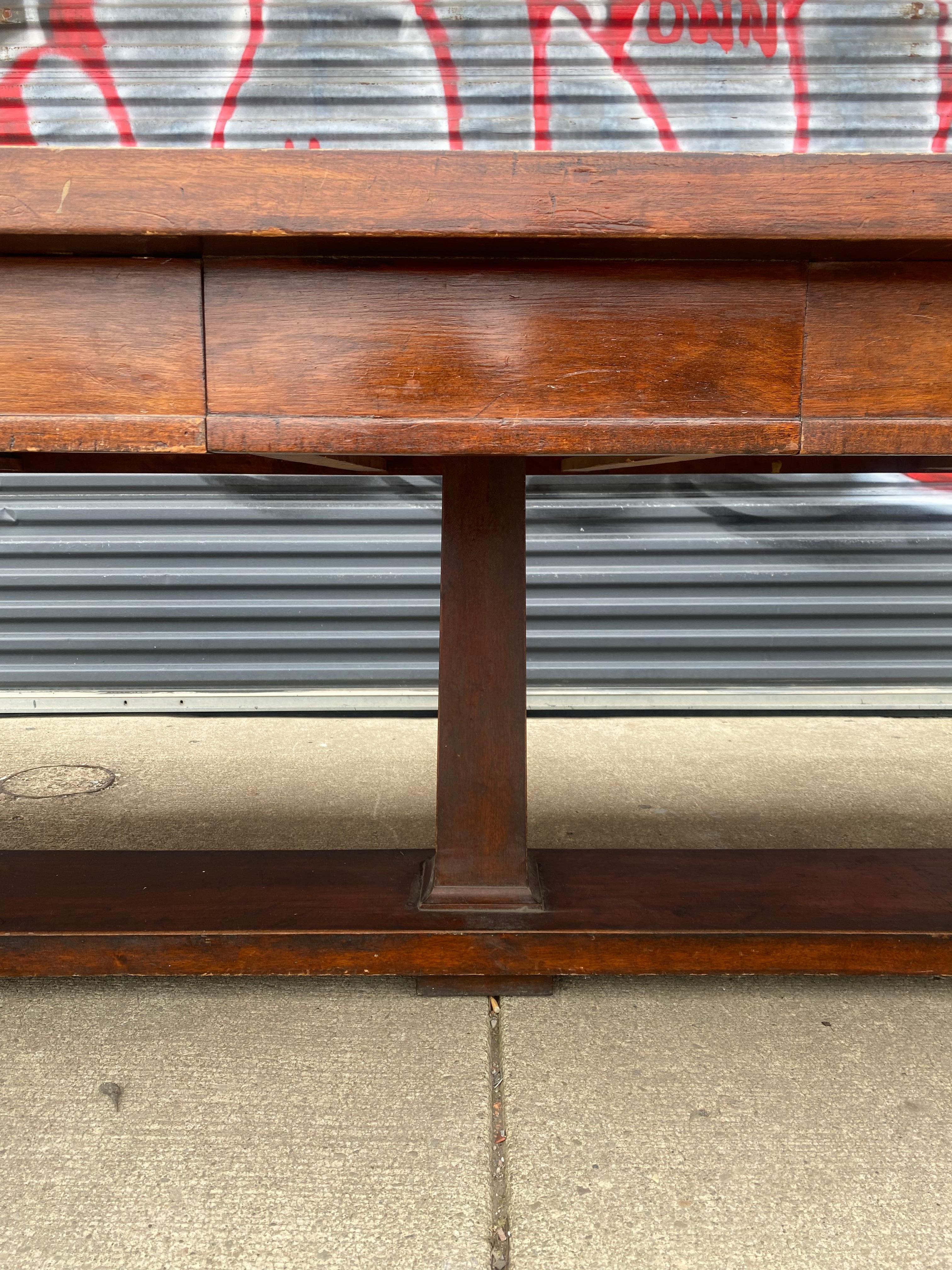 Large 10 Foot Early 20th Century Library / Dining Table, Two Drawers, Regency In Distressed Condition For Sale In Buffalo, NY