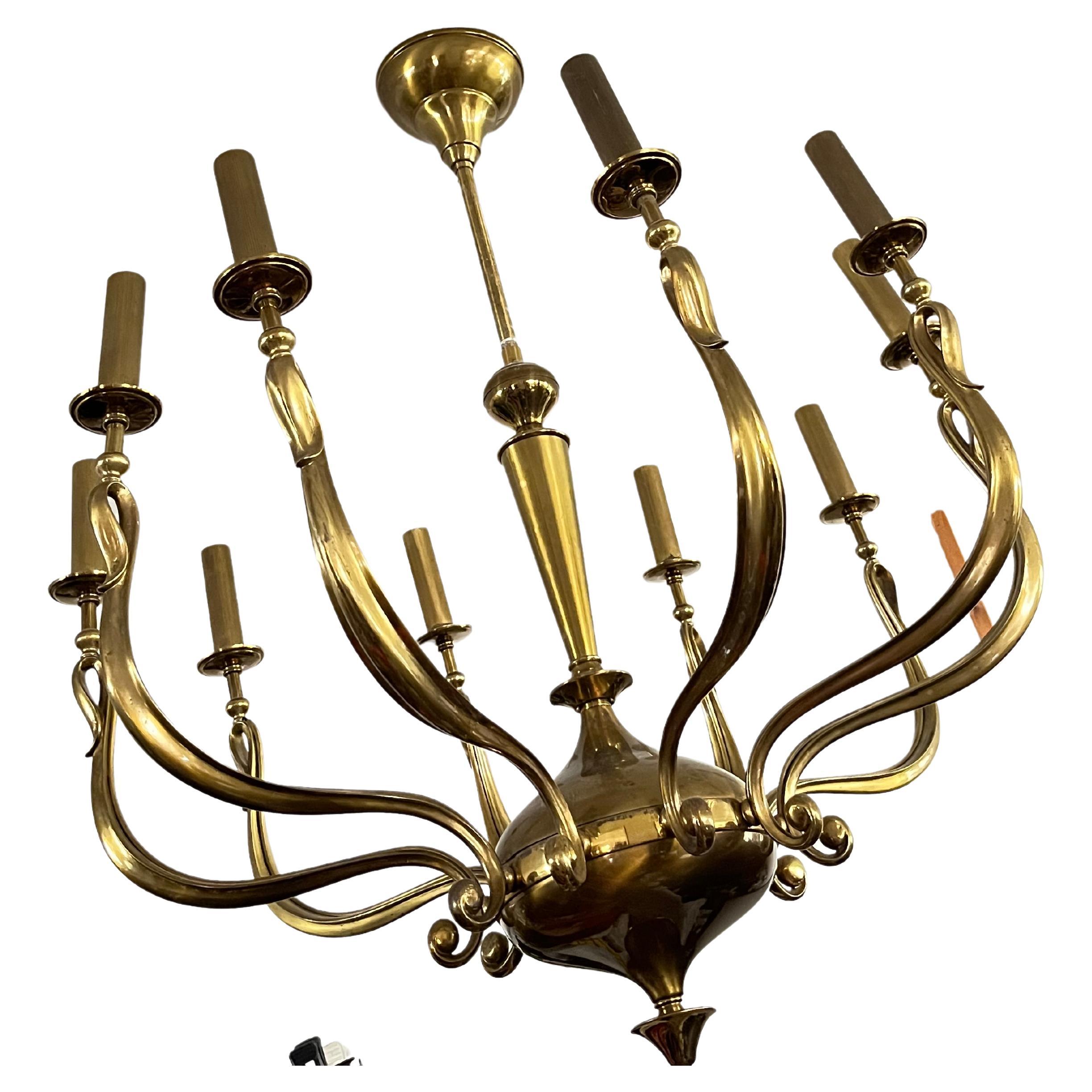 Large 10-light Brass Chandelier, Italy, 1950s