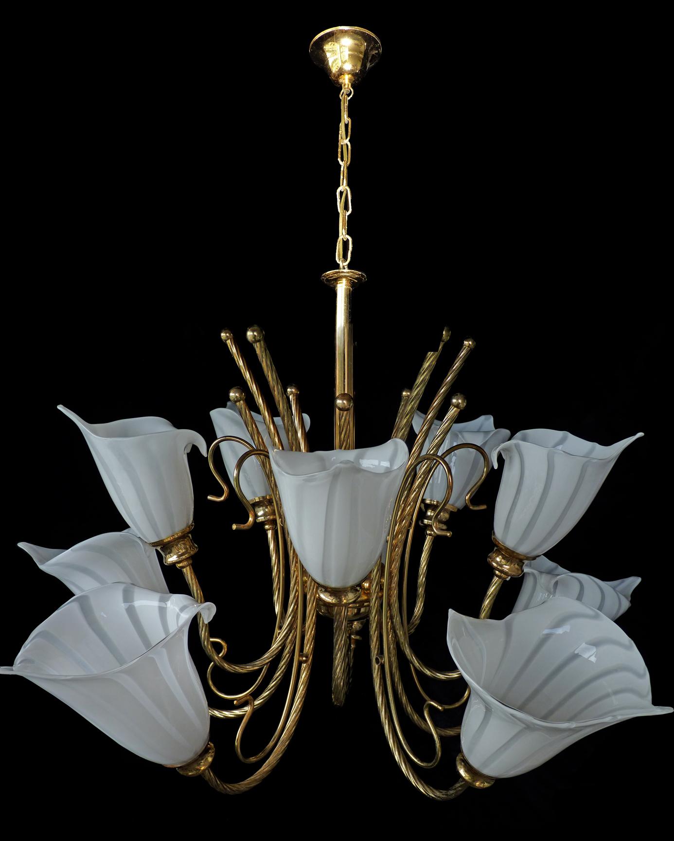 Large 10-Light Murano Calla Lily Chandelier by Franco Luce, Art Glass Gilt Brass For Sale 1