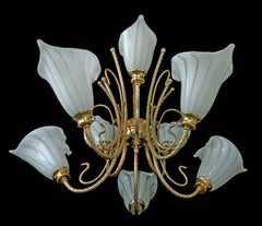 Large 10-Light Murano Calla Lily Chandelier by Franco Luce, Art Glass Gilt Brass
