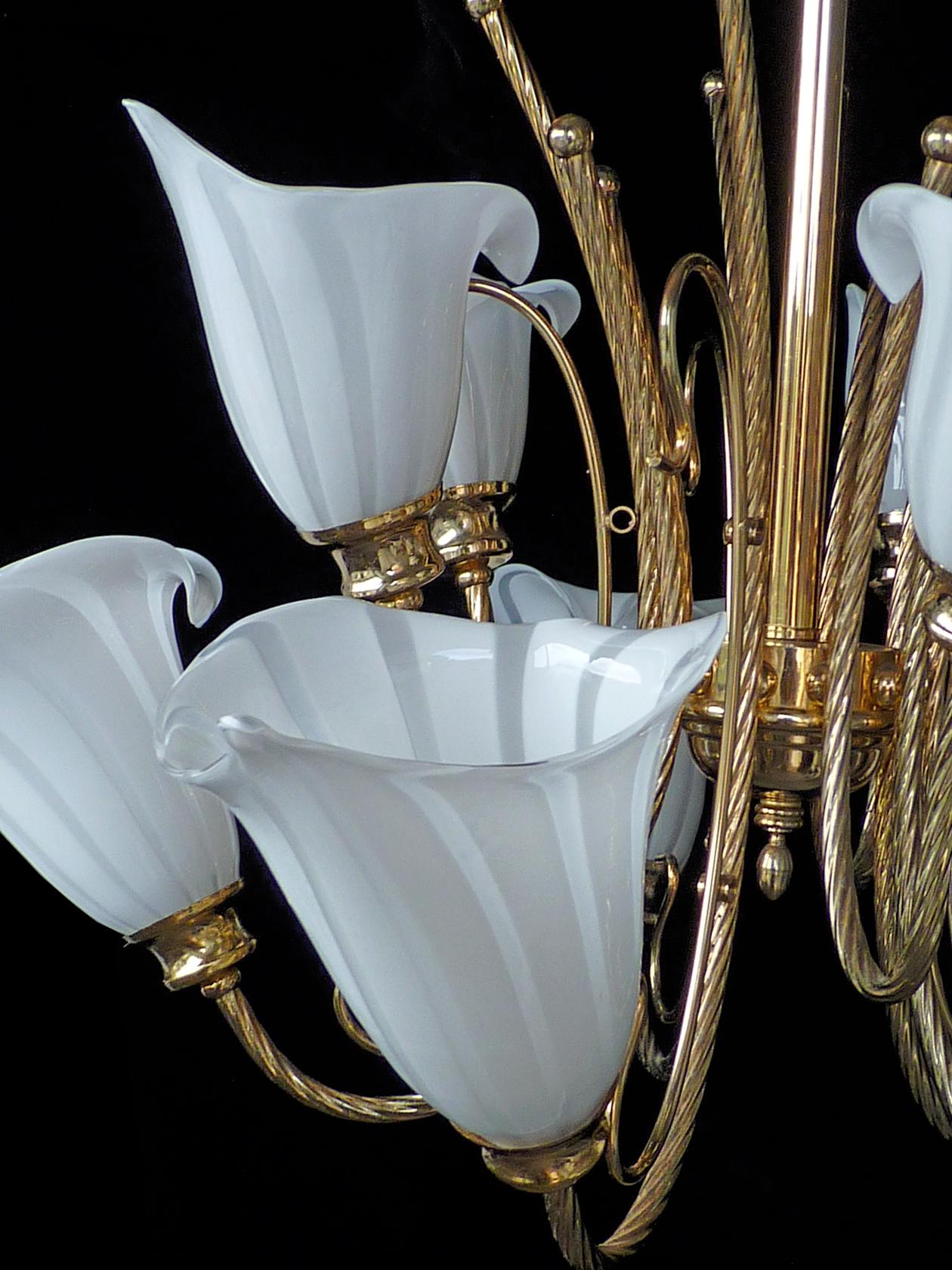 Hollywood Regency Large 10-Light Murano Calla Lily Chandelier by Franco Luce, Art Glass Gilt Brass