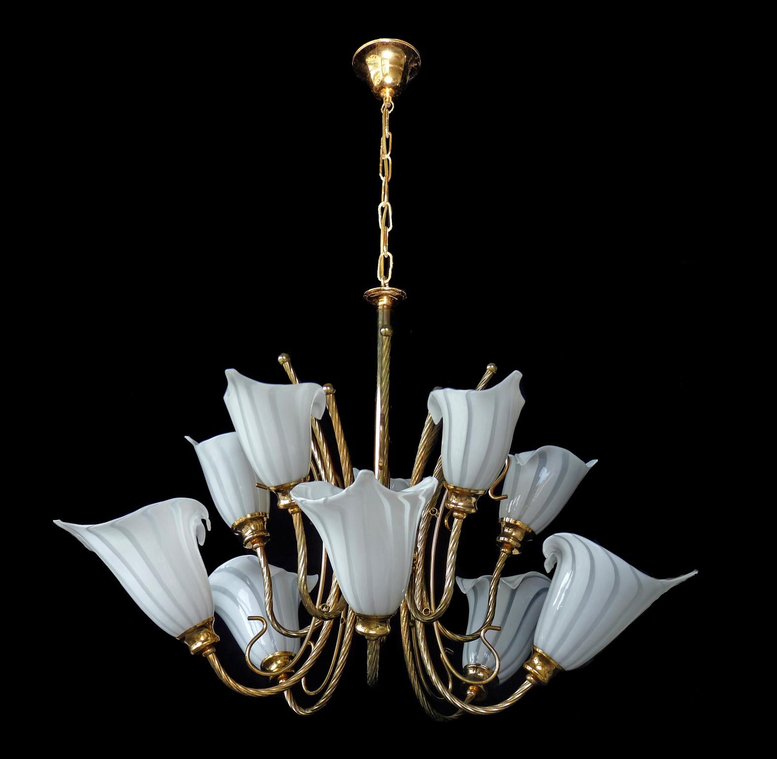 Late 20th Century Large 10-Light Murano Calla Lily Chandelier by Franco Luce, Art Glass Gilt Brass For Sale