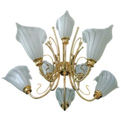 Large 10-Light Murano Calla Lily Chandelier by Franco Luce, Art Glass Gilt Brass