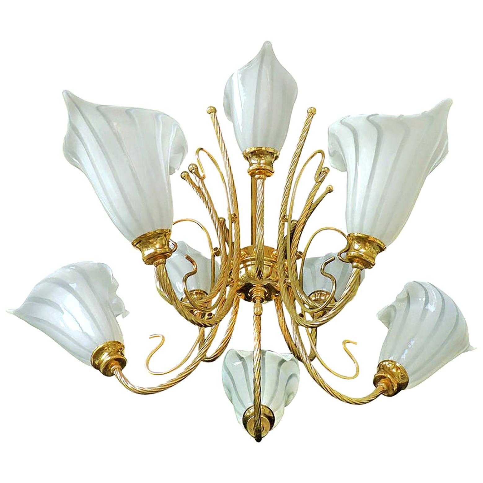Large 10-Light Murano Calla Lily Chandelier by Franco Luce, Art Glass Gilt Brass For Sale